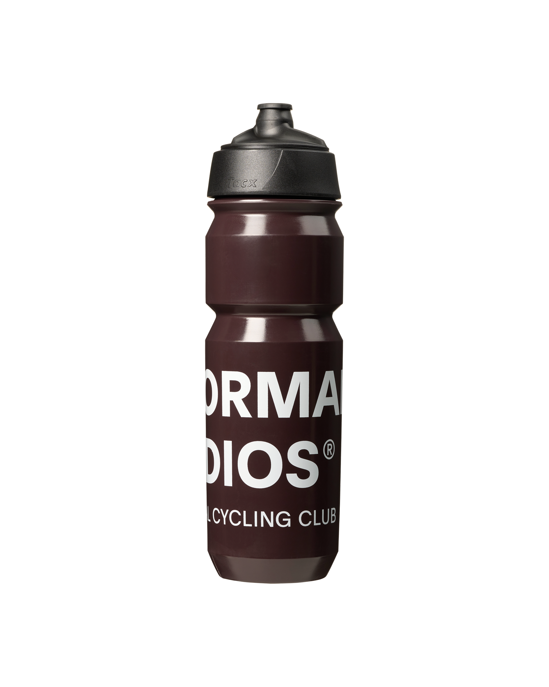 Dark Red Escapism bidon, front view with white Normal Studios Cycling Club text