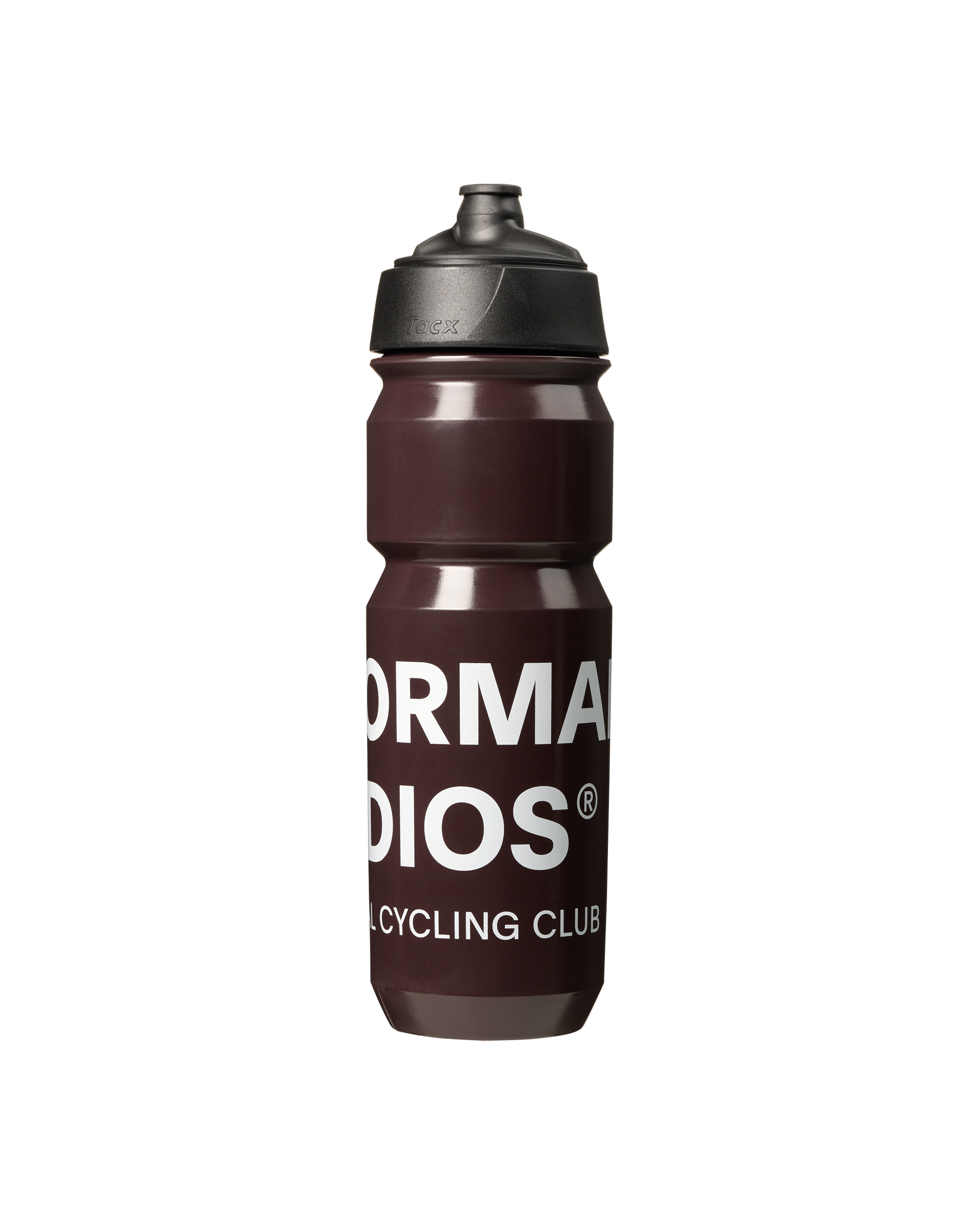 Dark Red Escapism bidon, front view with white Normal Studios Cycling Club text