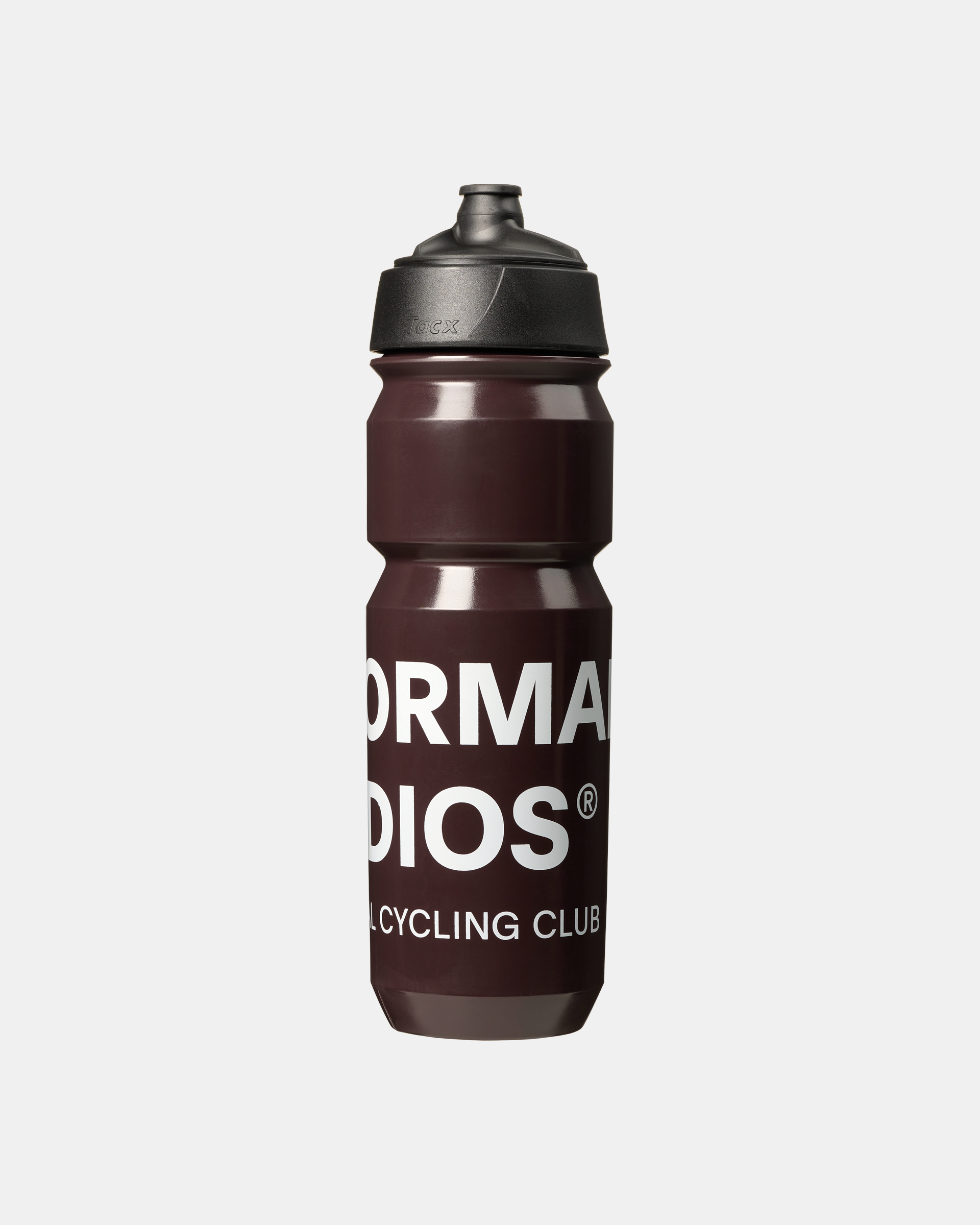 Dark Red Escapism bidon, front view with white Normal Studios Cycling Club text