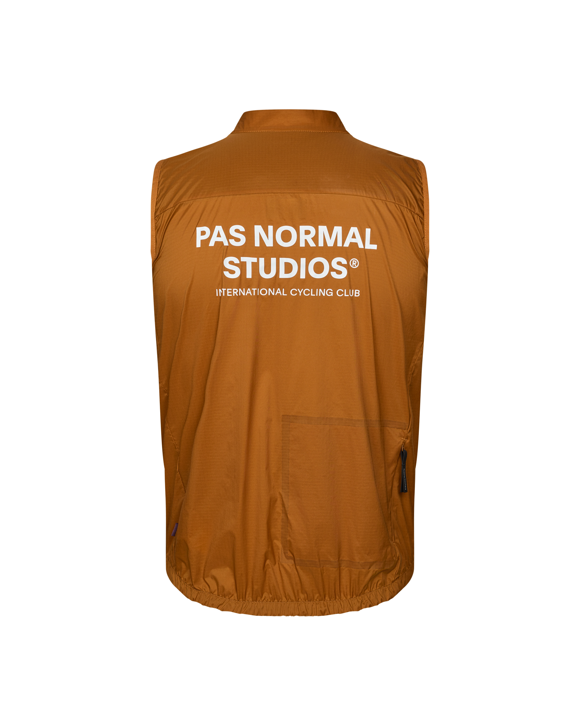 Brown Essential Insulated cycling gilet, rear flat lay with white back print and side zip pockets