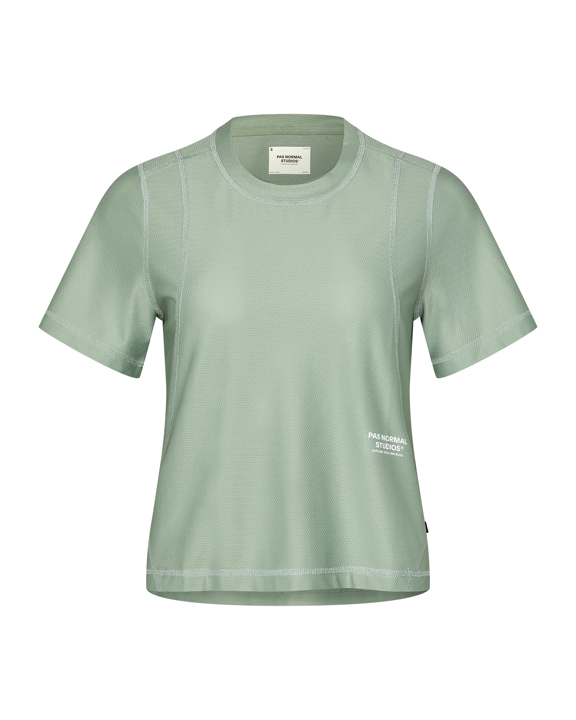 Green Sage Balance women's T-shirt, front flat lay with contrast stitching and small chest logo print