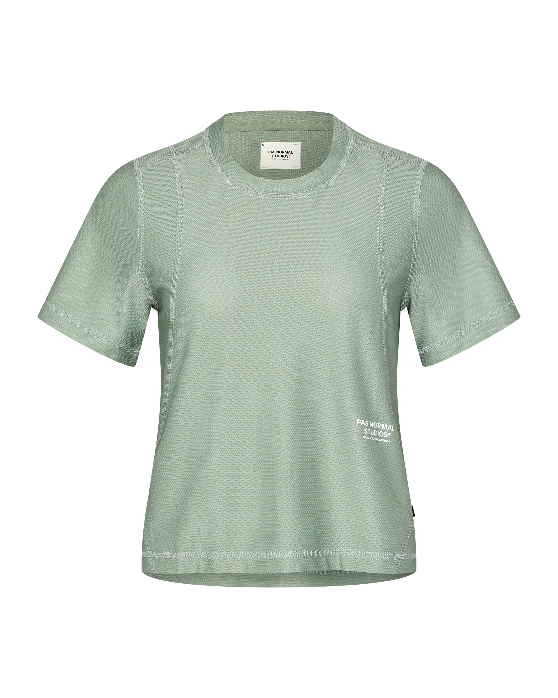 Green Sage Balance women's T-shirt, front flat lay with contrast stitching and small chest logo print