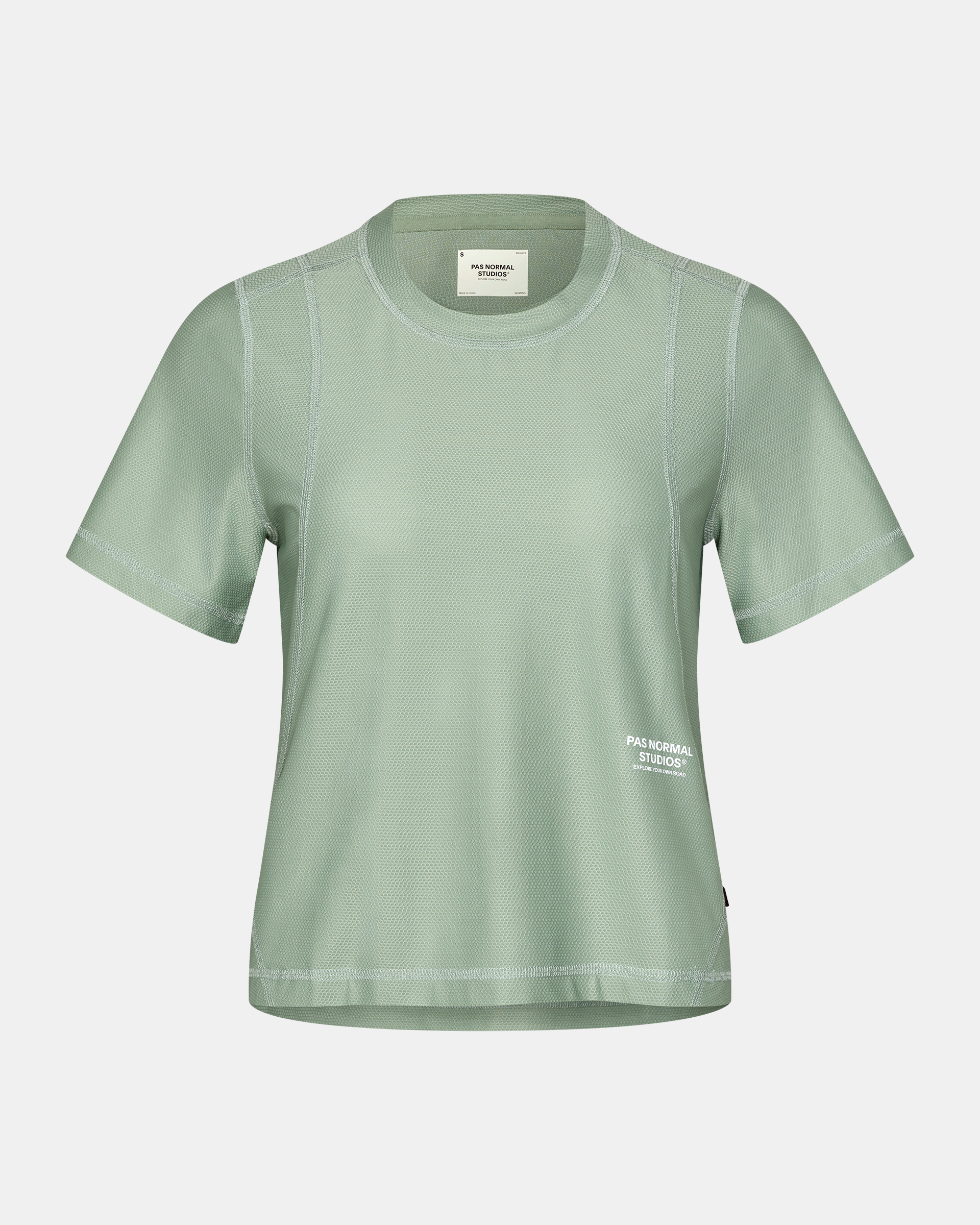 Green Sage Balance women's T-shirt, front flat lay with contrast stitching and small chest logo print