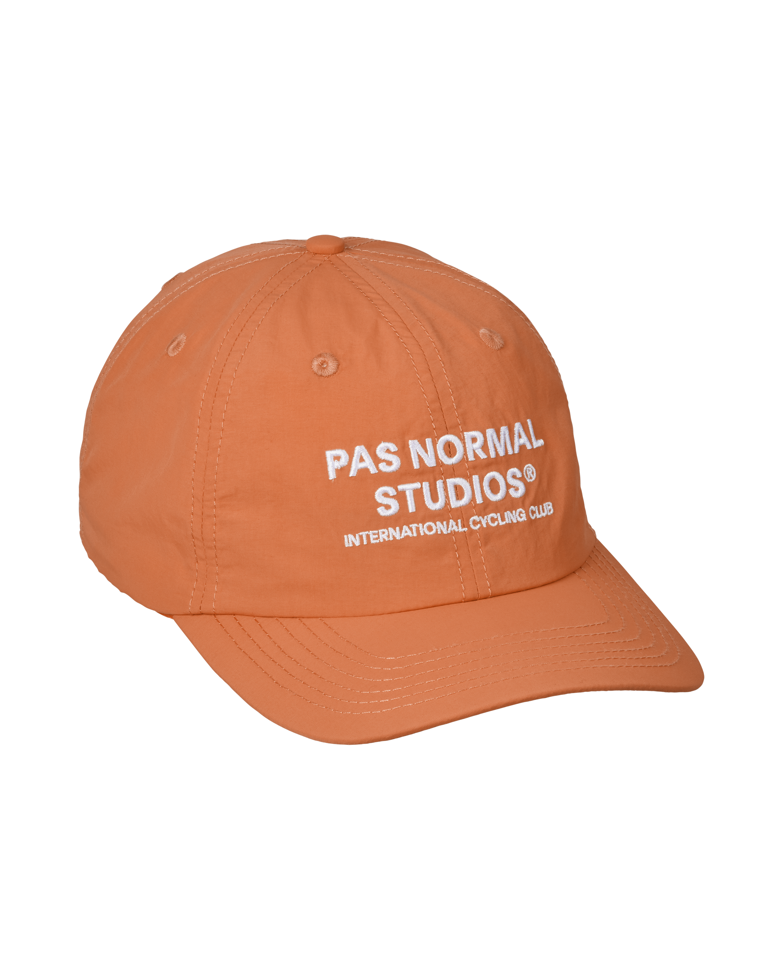 Orange Off-Race cap, three-quarter view with white embroidered logo and International Cycling Club text