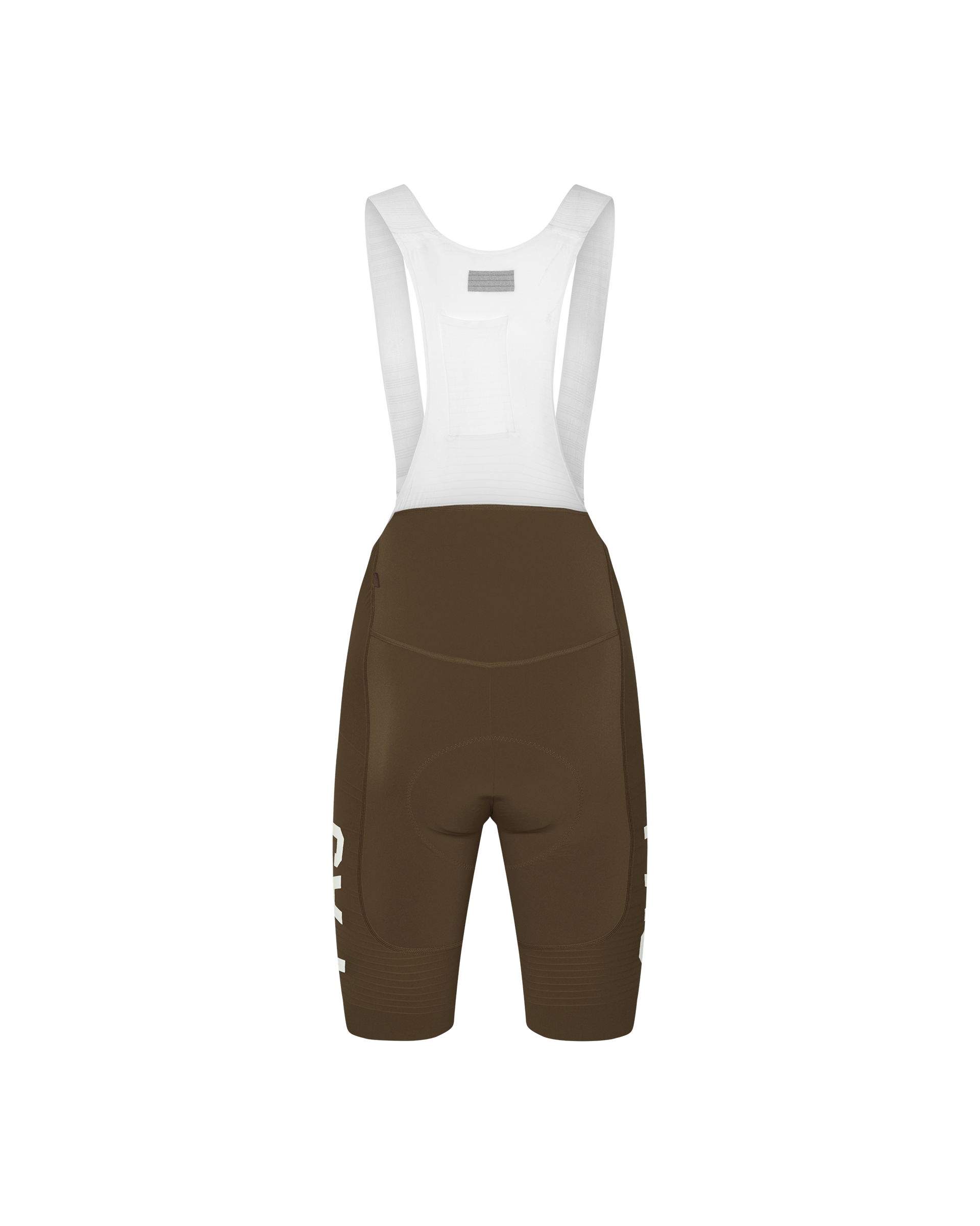 Dark Earth brown PAS Mechanism Pro cycling bibs, rear view on mannequin with white bib straps and leg print