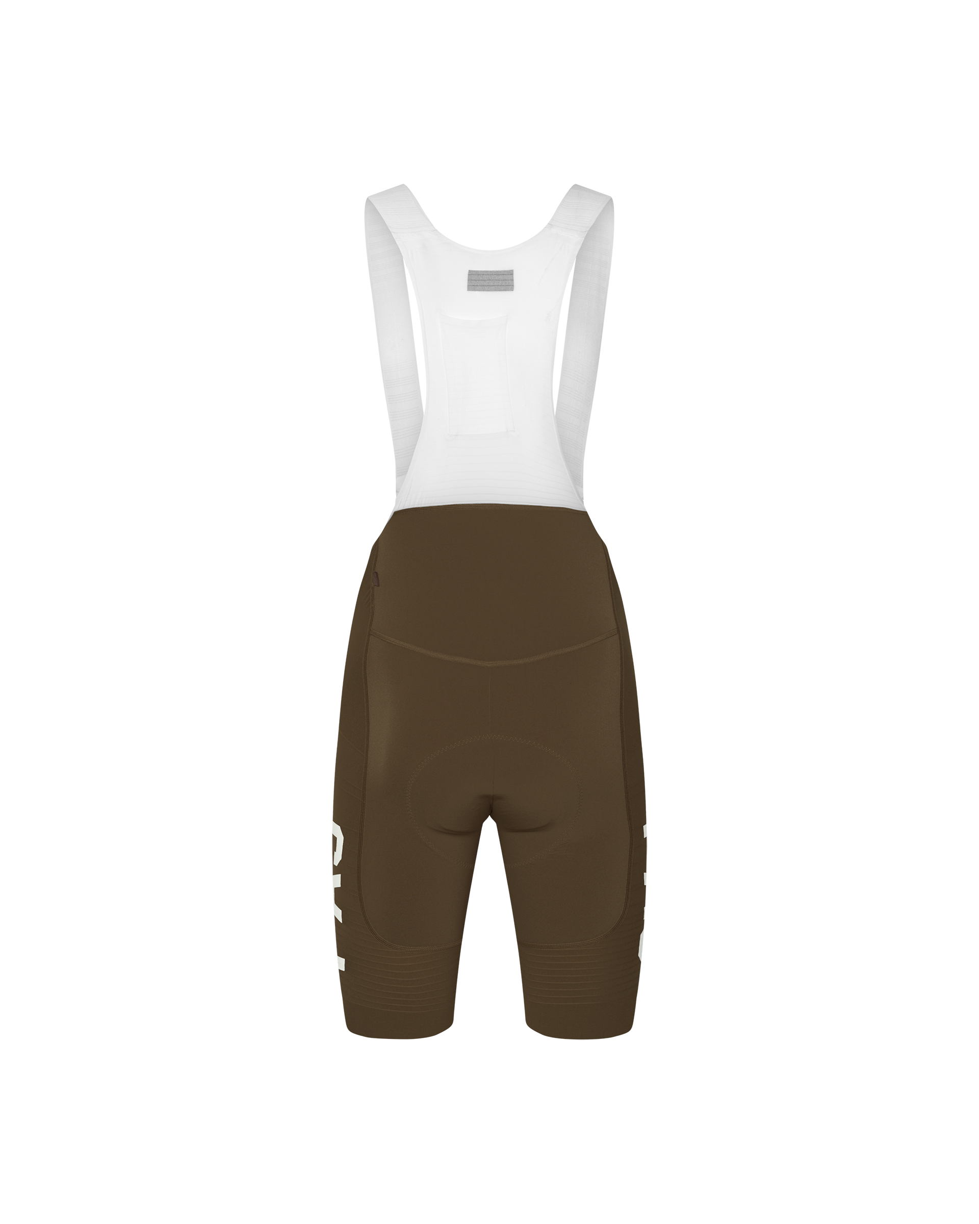 Dark Earth brown PAS Mechanism Pro cycling bibs, rear view on mannequin with white bib straps and leg print