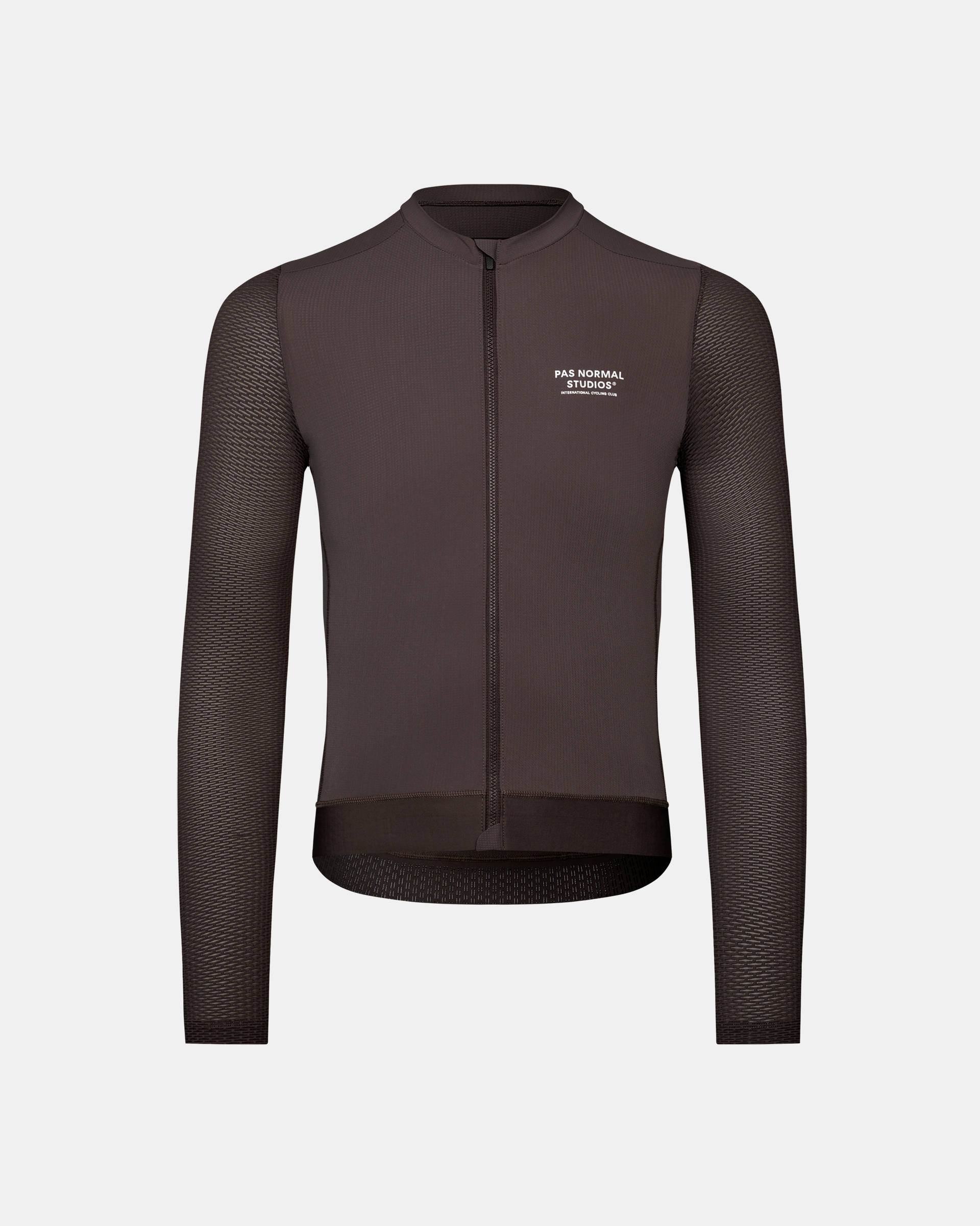 Dark Purple Essential Light long sleeve cycling jersey, front view with textured sleeves