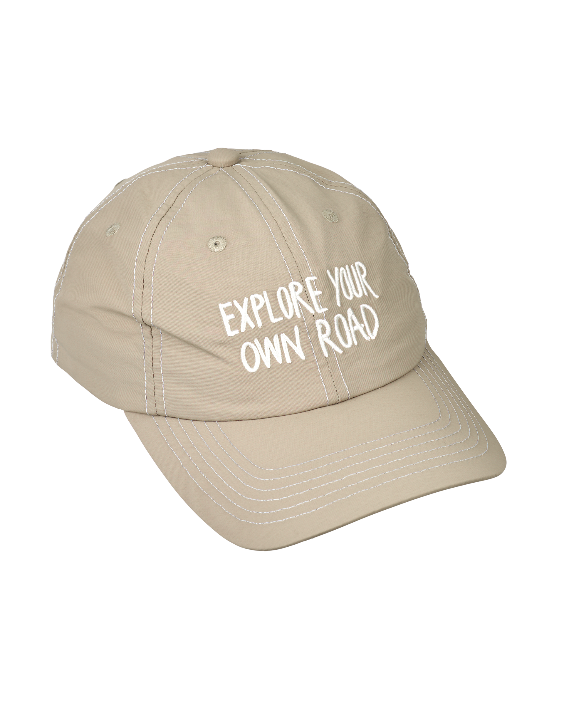 Beige Off-Race cap, angled view with white "Explore Your Own Road" text