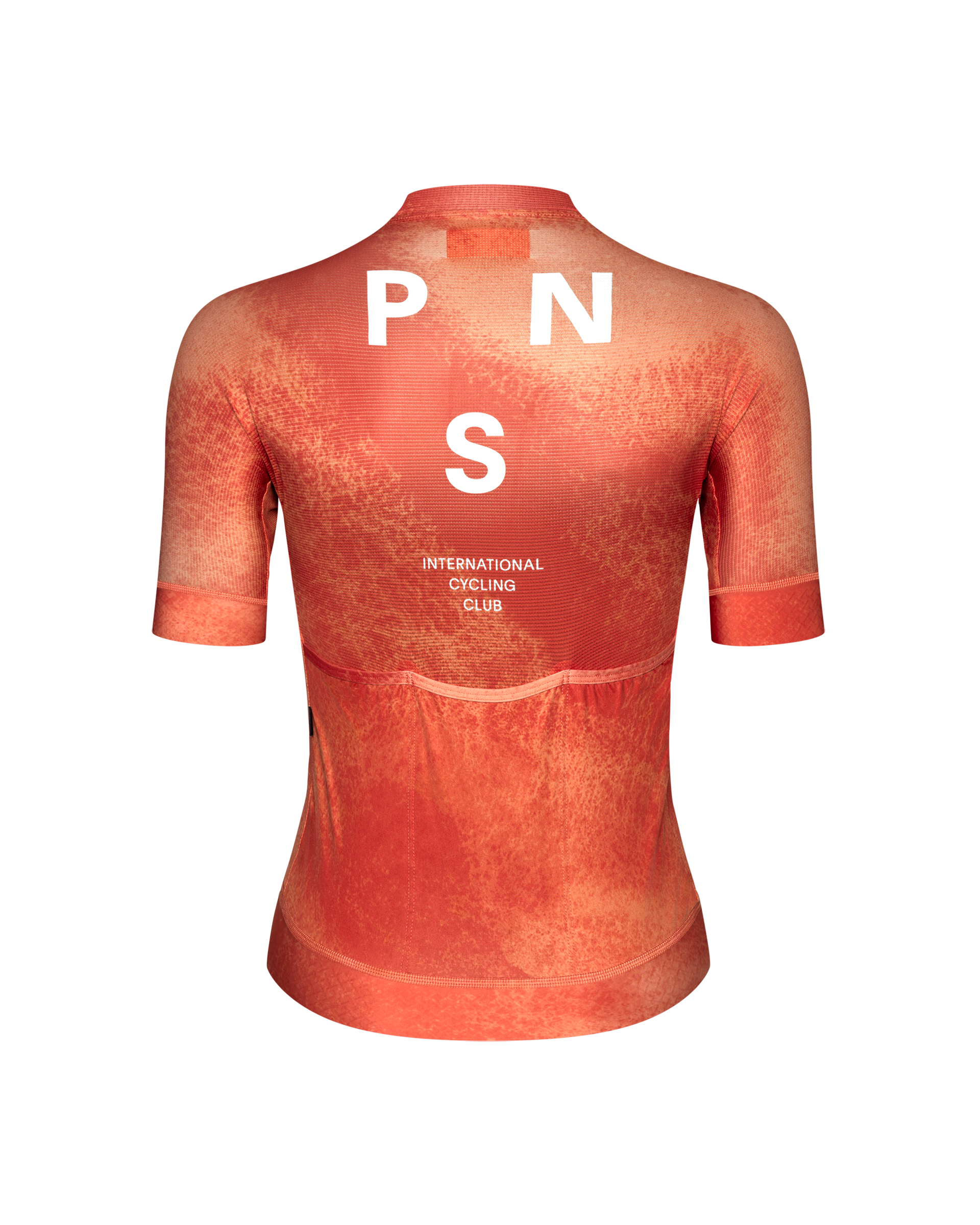 Orange Mechanism cycling jersey, rear view with white PNS logo and text print