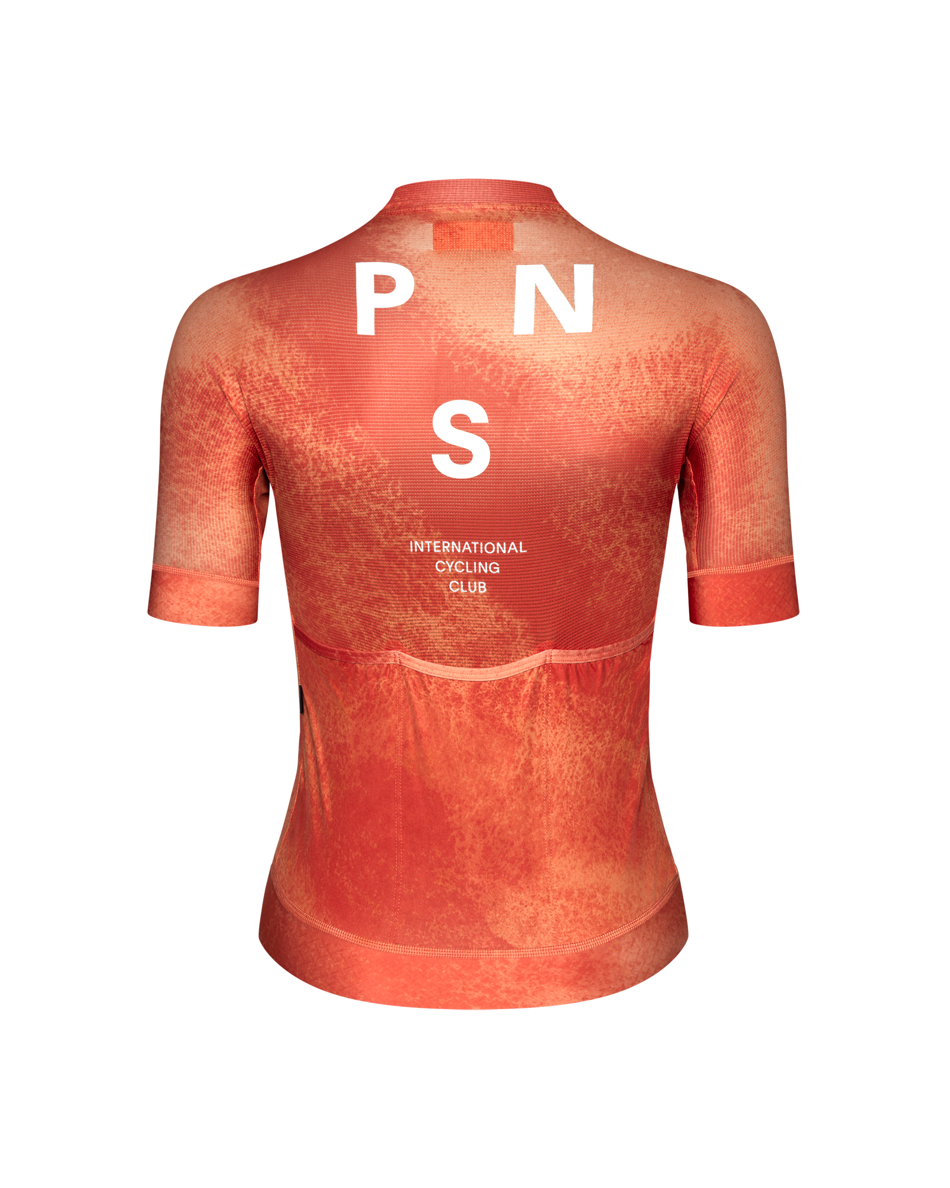 Orange Mechanism cycling jersey, rear view with white PNS logo and text print