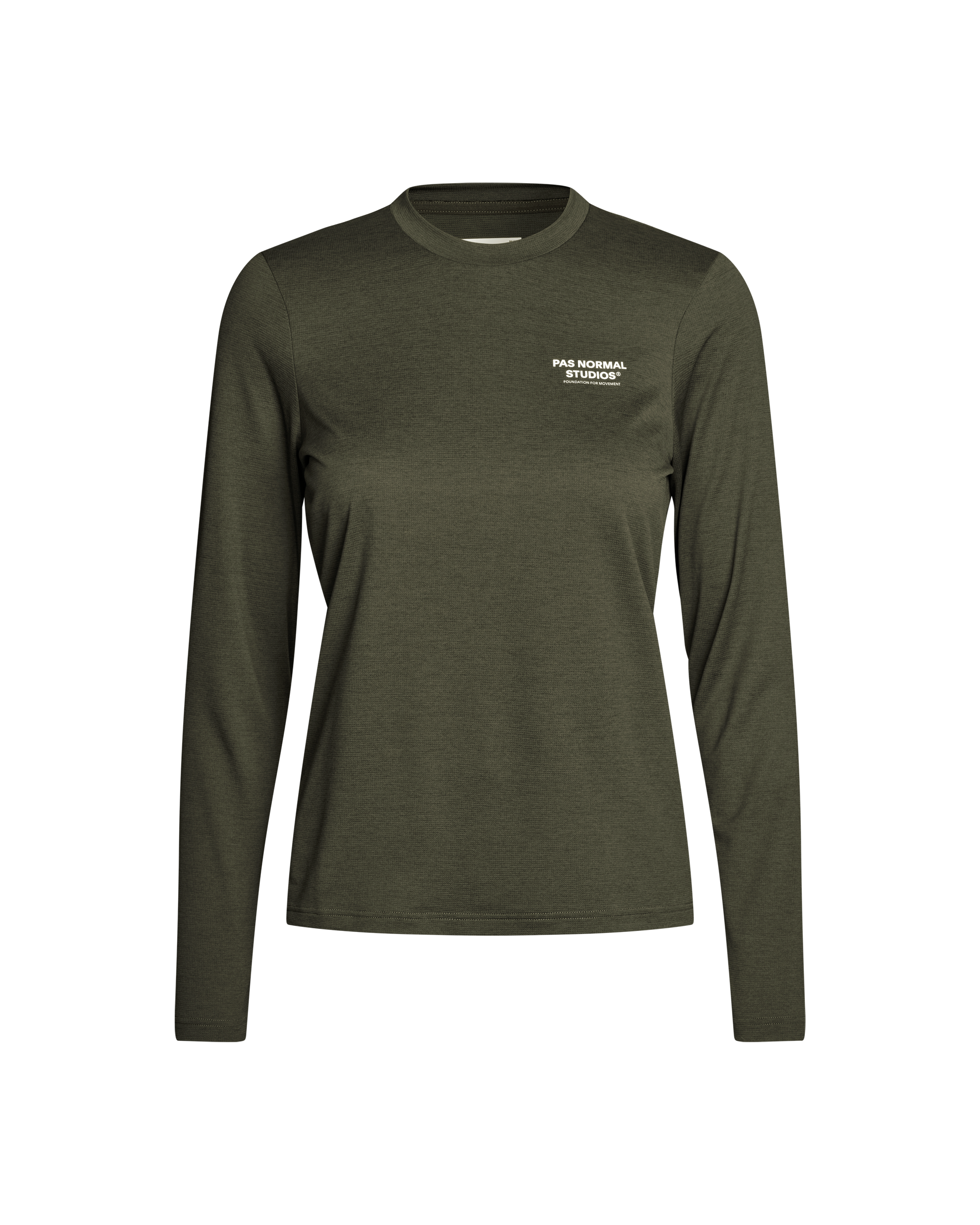 Dark Olive Balance long sleeve t-shirt, front view with white chest logo