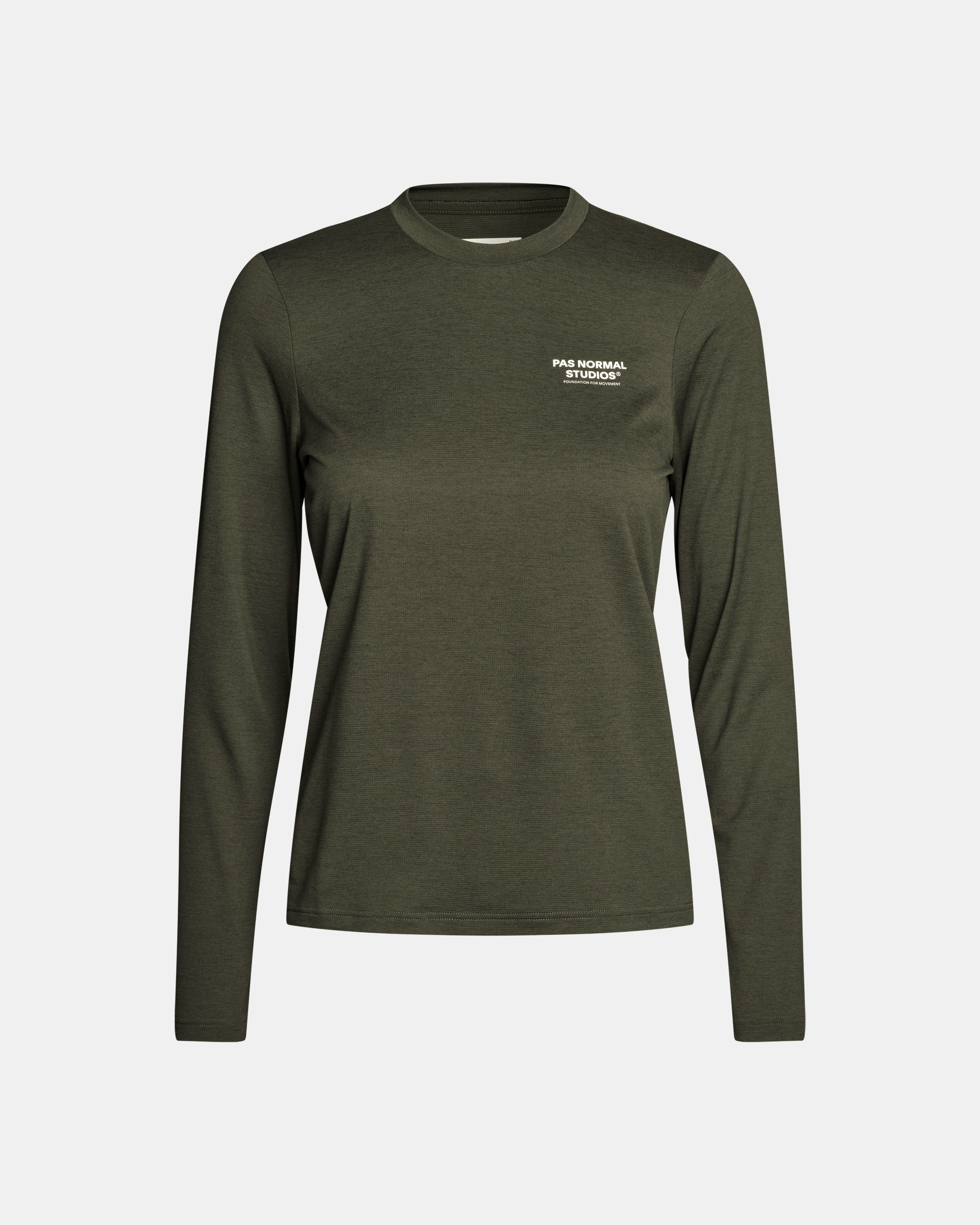 Dark Olive Balance long sleeve t-shirt, front view with white chest logo