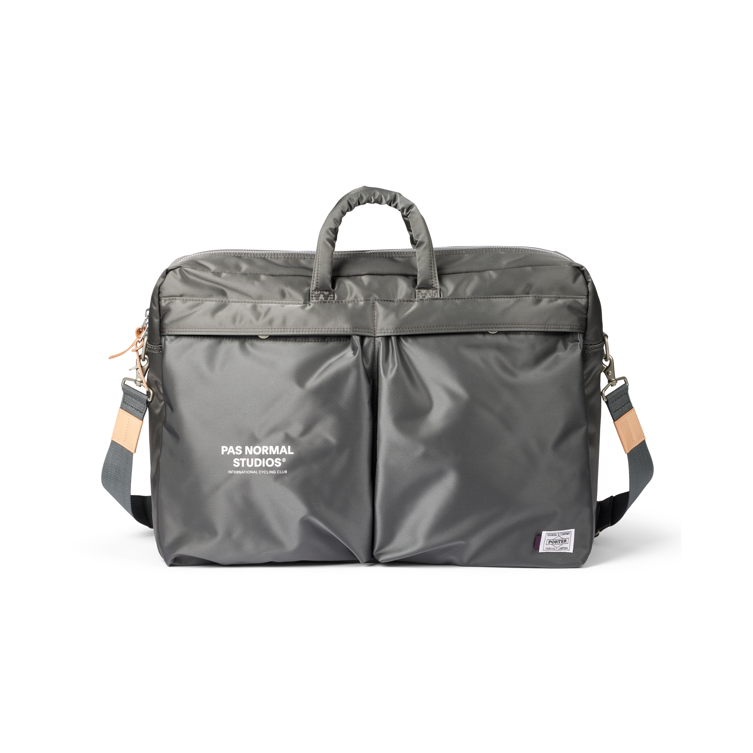 Grey Porter-Yoshida 2-Way briefcase, front view with shoulder strap and tan leather accents