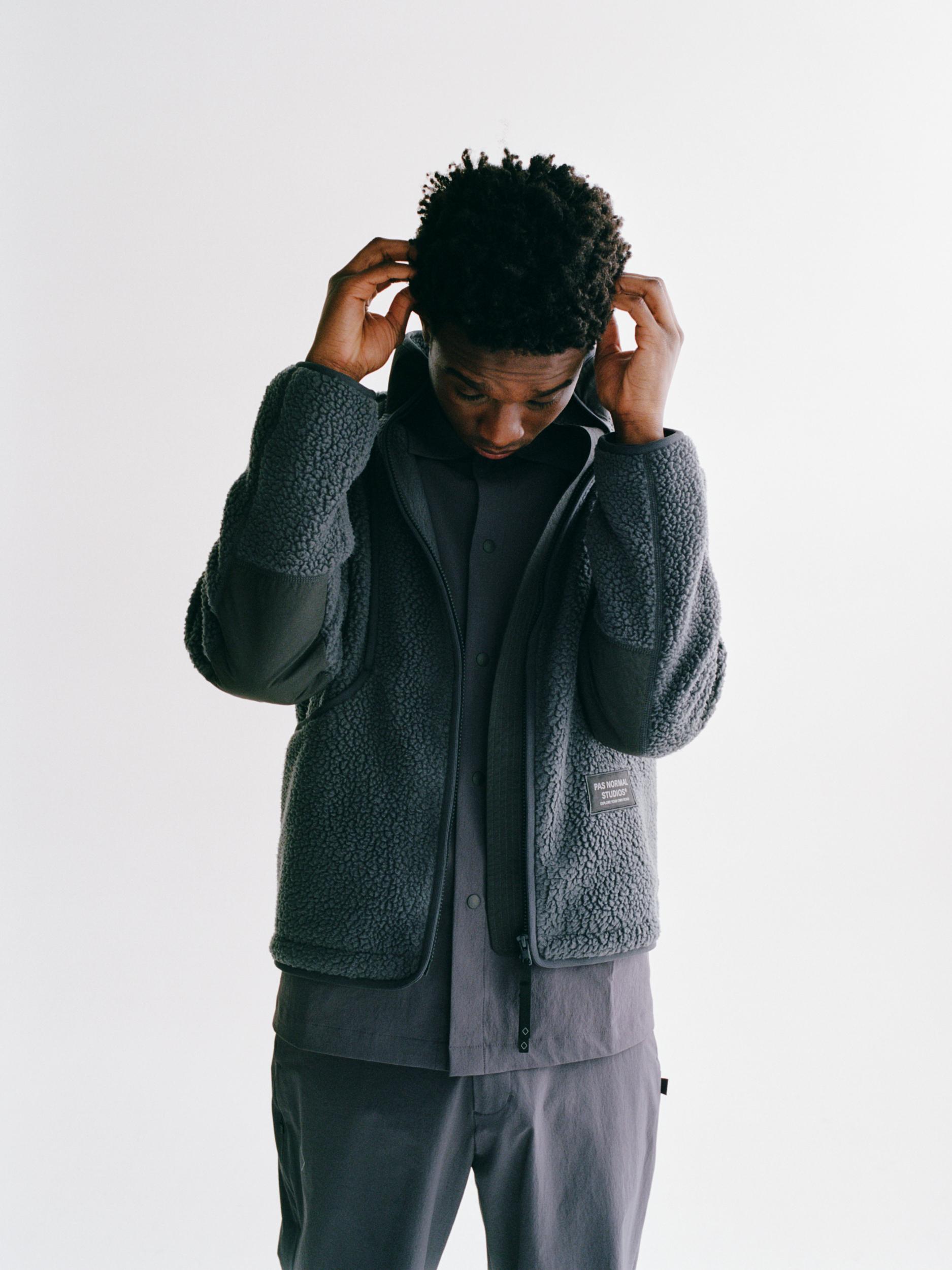 Grey Off-Race Pile Fleece jacket on model with textured fleece exterior and chest pocket