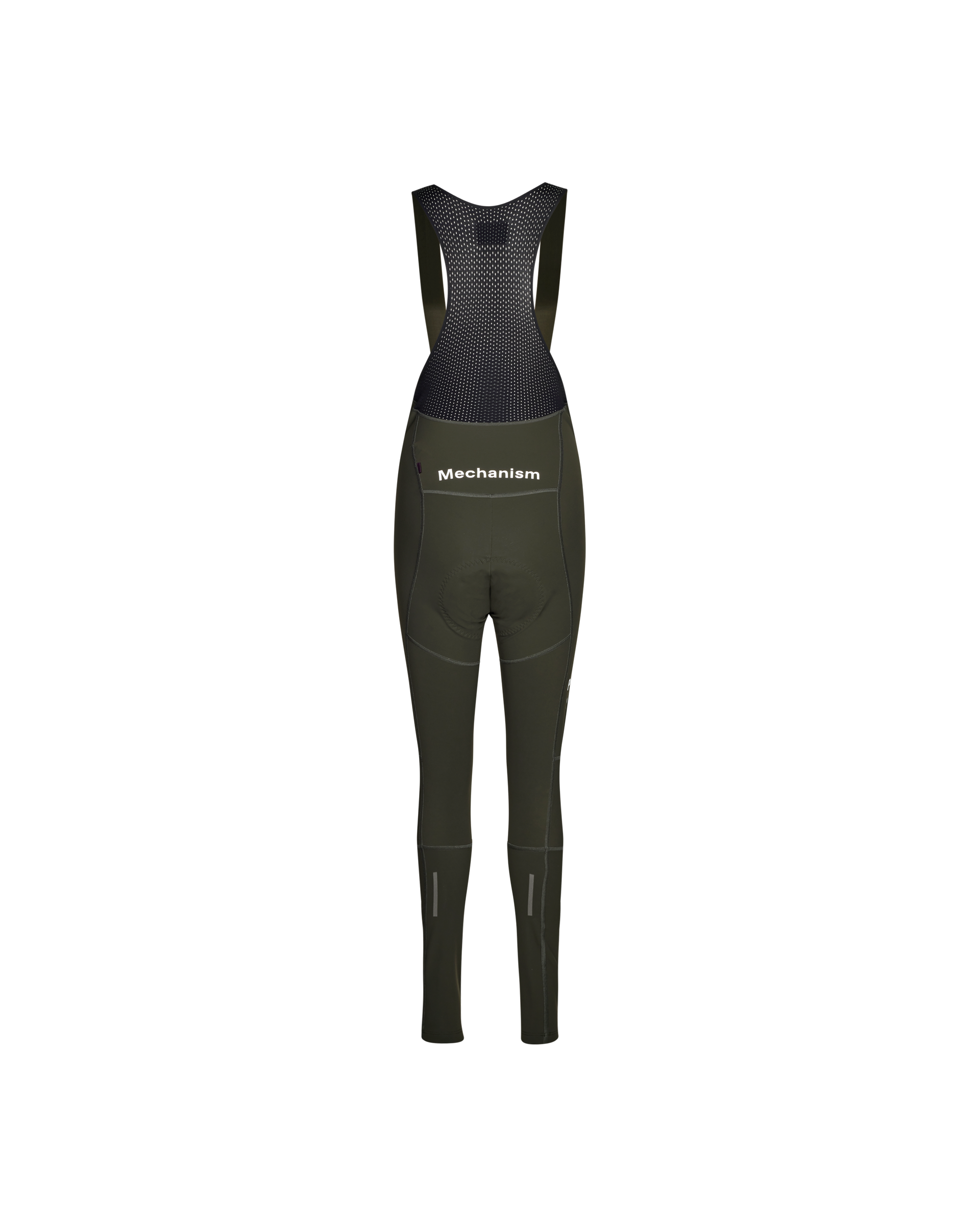 Dark Olive Mechanism Deep Winter Long cycling bibs, front flat lay with mesh bib upper