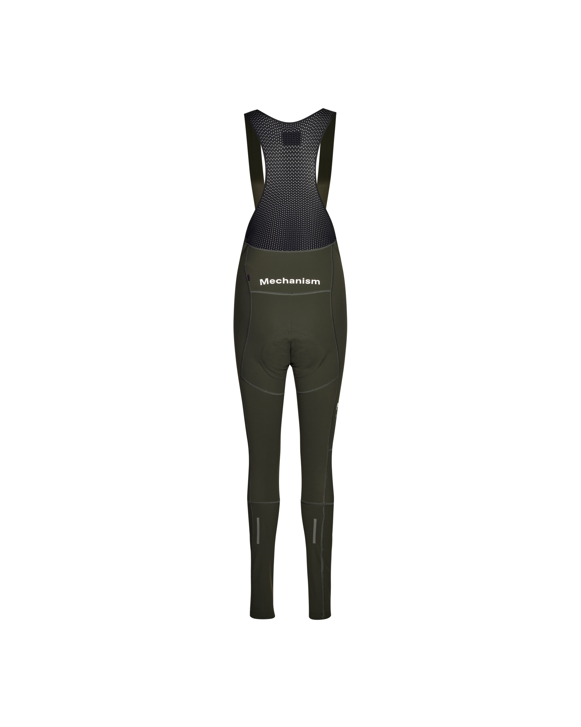 Dark Olive Mechanism Deep Winter Long cycling bibs, front flat lay with mesh bib upper