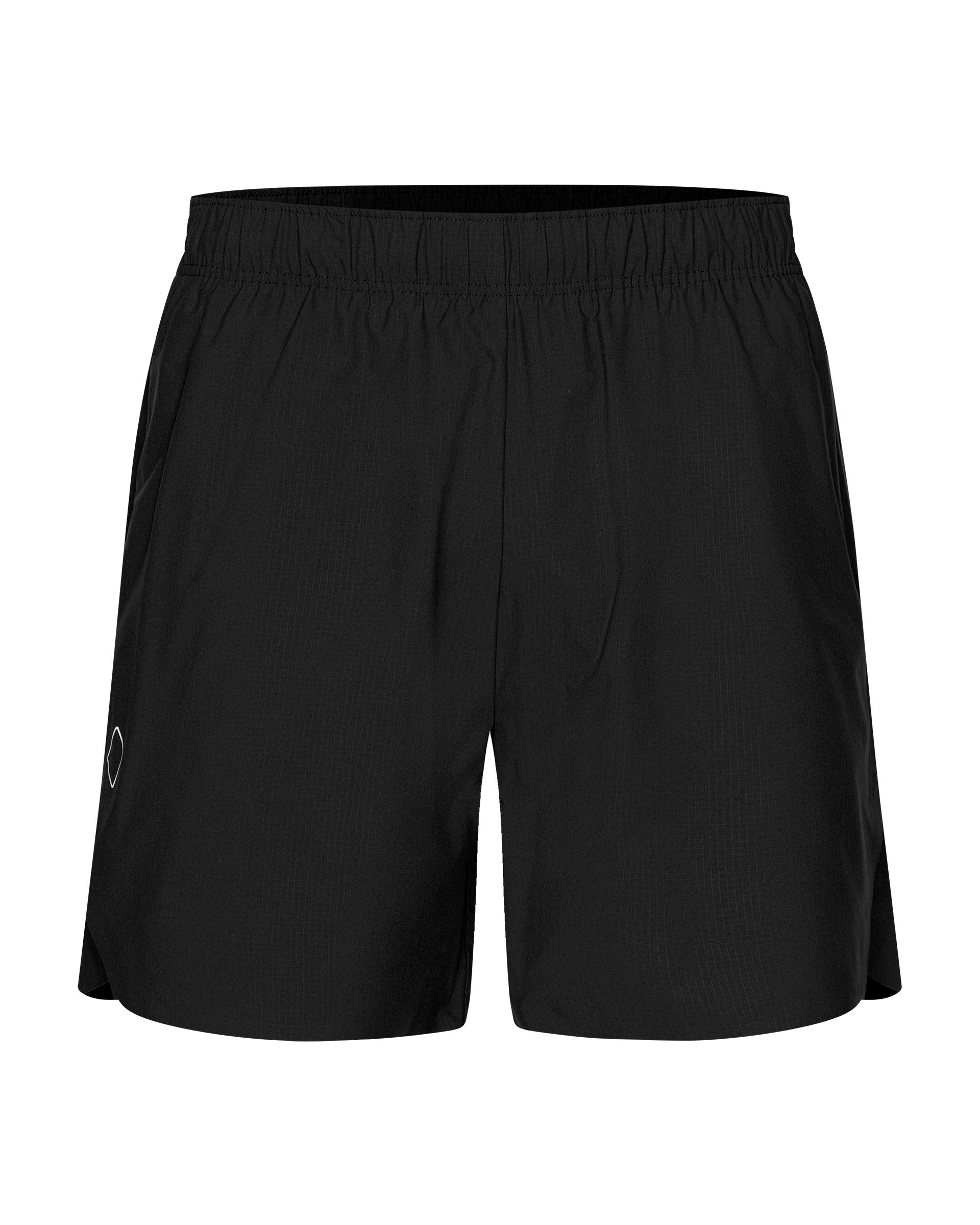 Black Balance shorts, front flat lay with elastic waistband and side logo