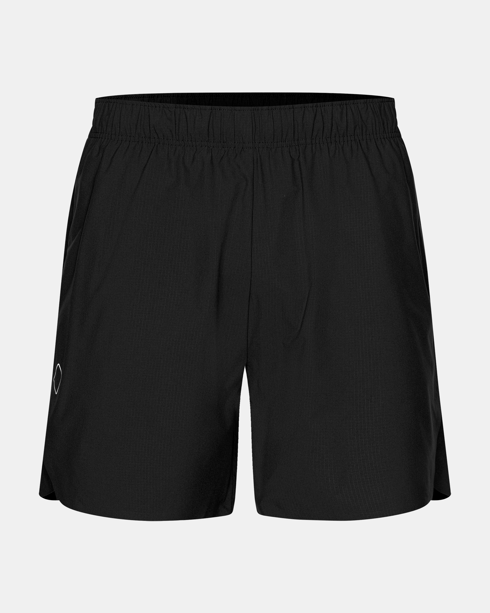 Black Balance shorts, front flat lay with elastic waistband and side logo