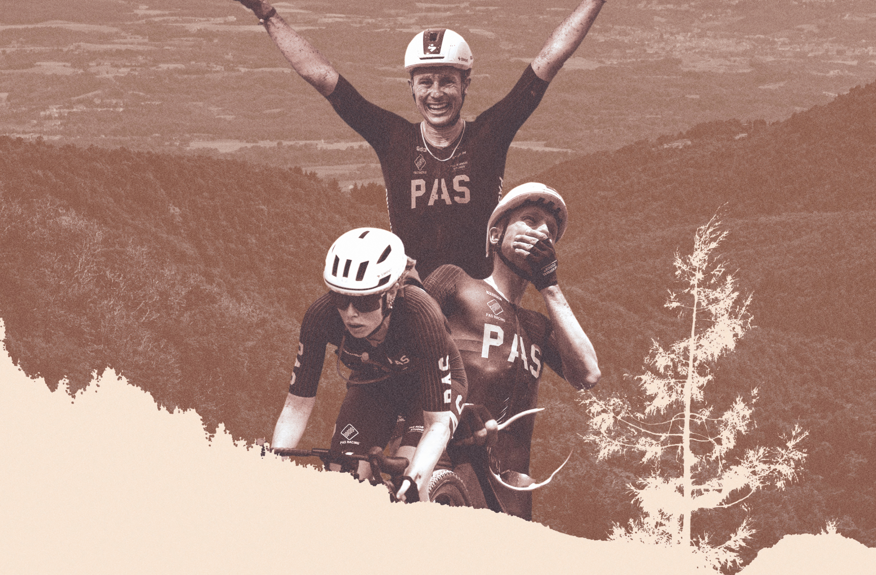 Three cyclists in dark PAS collection jerseys celebrating after gravel race, with sepia-toned desert landscape