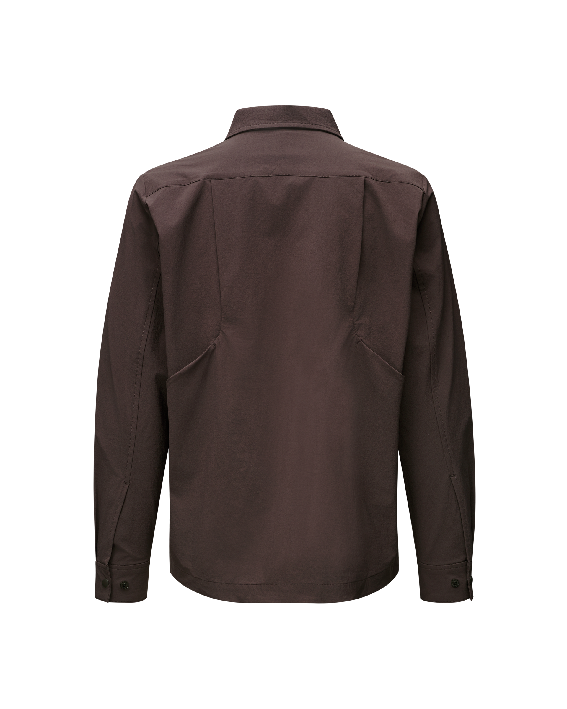 Dark Purple Off-Race Tech Overshirt, rear view with collar and buttoned cuffs