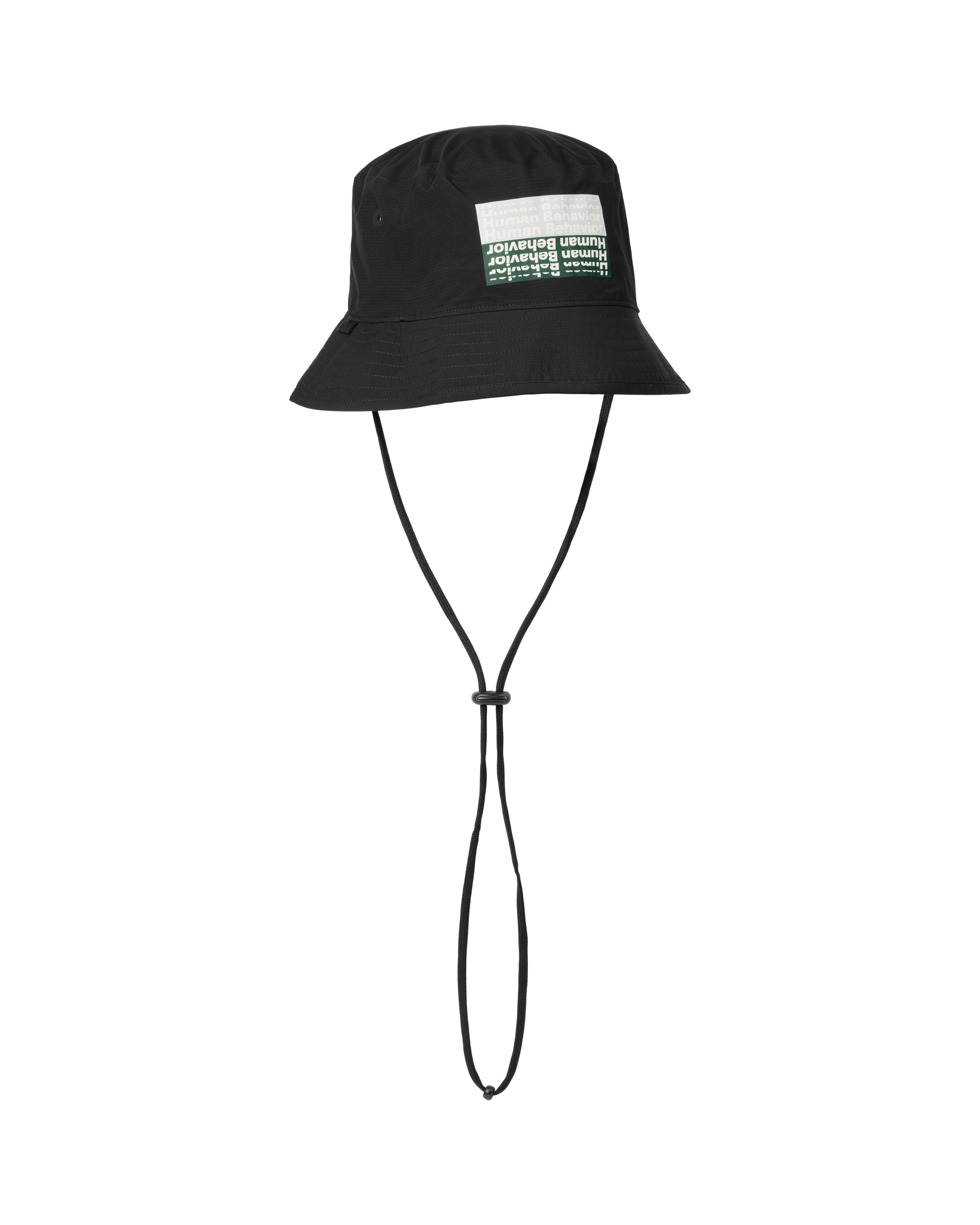 Black T.K.O. Off-Race Shield bucket hat, three-quarter view with chin cord and green gradient graphic patch