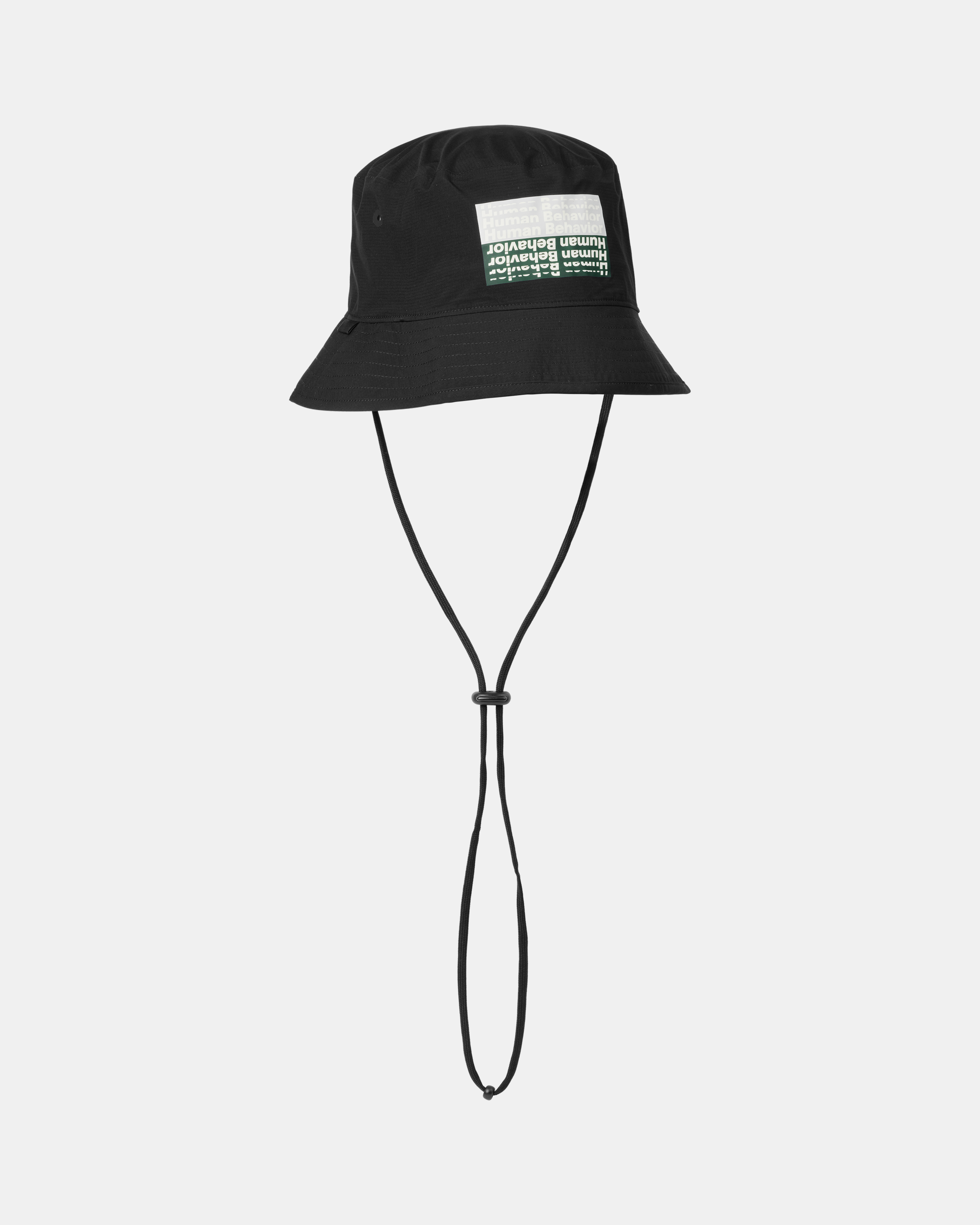 Black T.K.O. Off-Race Shield bucket hat, three-quarter view with chin cord and green gradient graphic patch