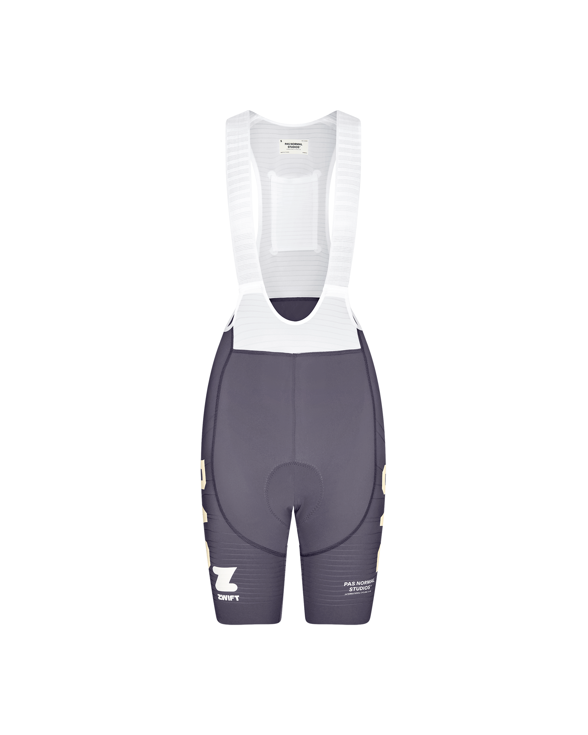 Grey PAS Mechanism Pro women's cycling bib shorts, front flat lay with white mesh bib and Zwift logo print