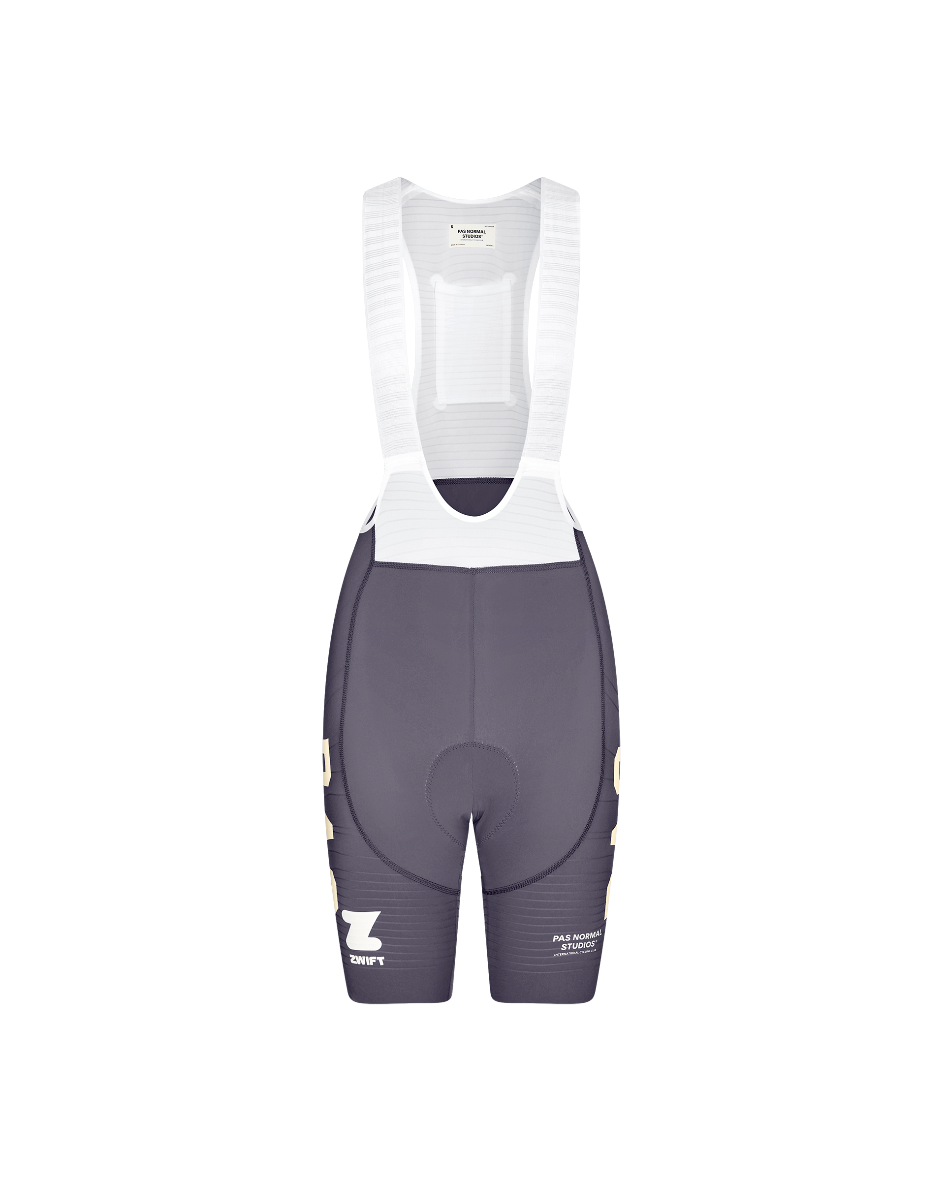 Grey PAS Mechanism Pro women's cycling bib shorts, front flat lay with white mesh bib and Zwift logo print