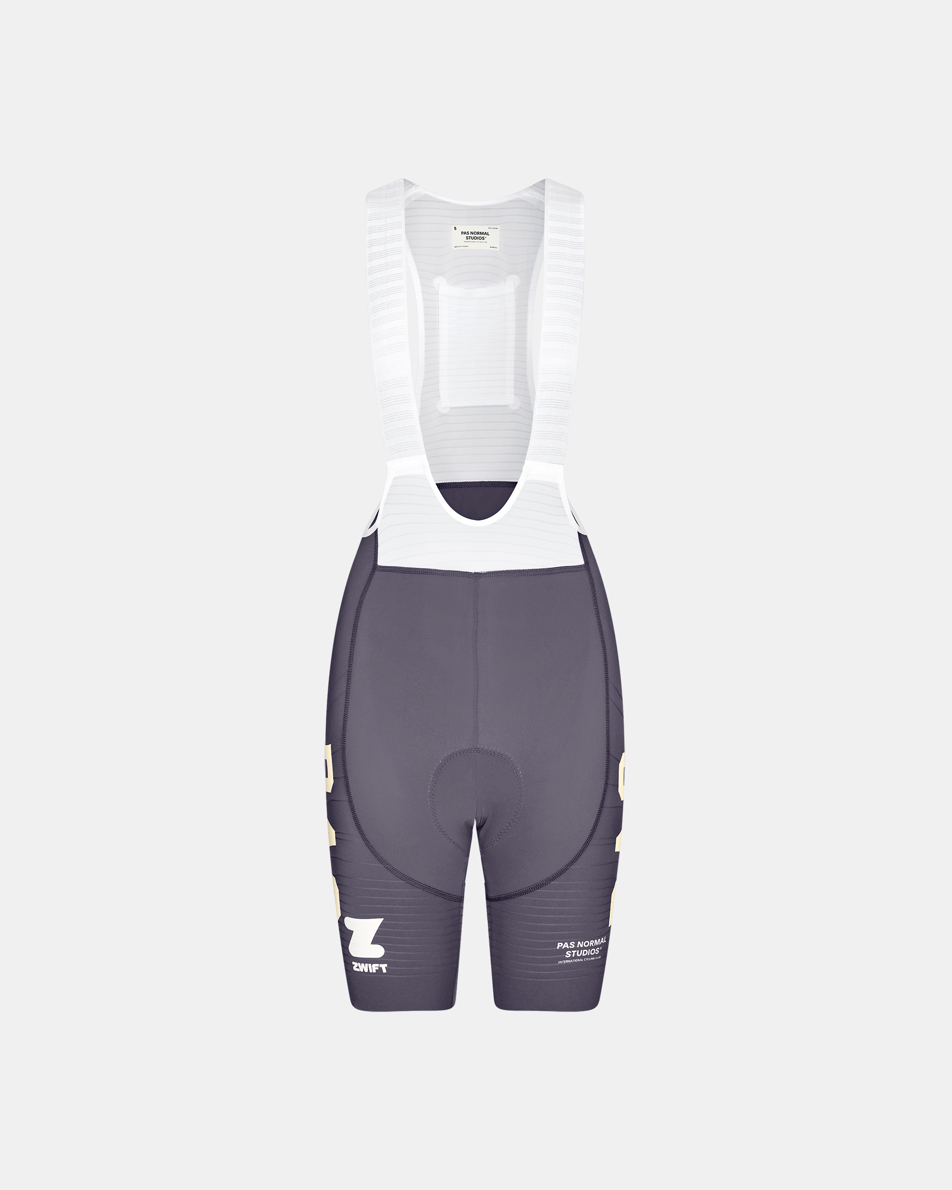 Grey PAS Mechanism Pro women's cycling bib shorts, front flat lay with white mesh bib and Zwift logo print