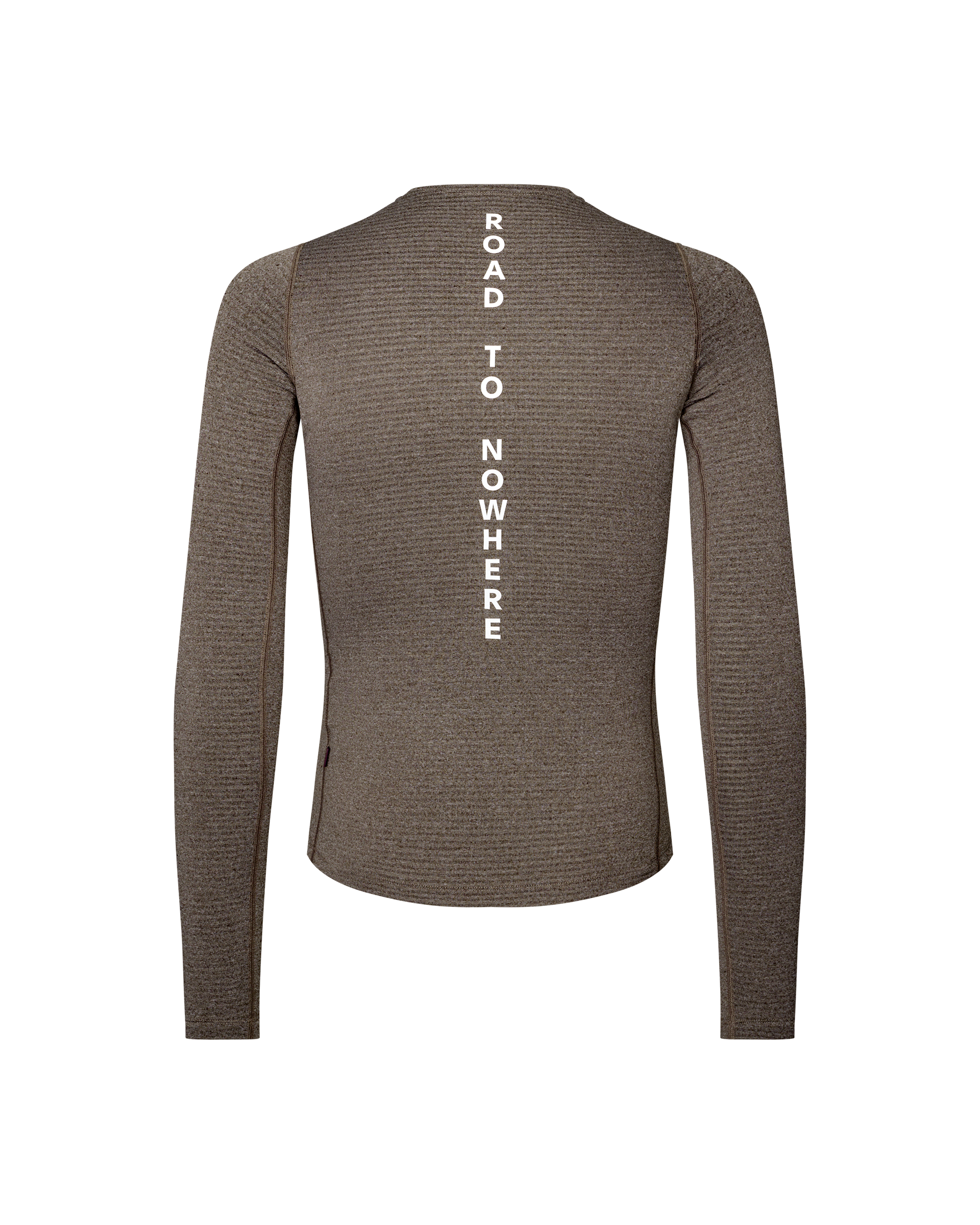 Dark Coffee brown Thermal Long Sleeve cycling baselayer, rear flat lay with vertical Road To Nowhere back print