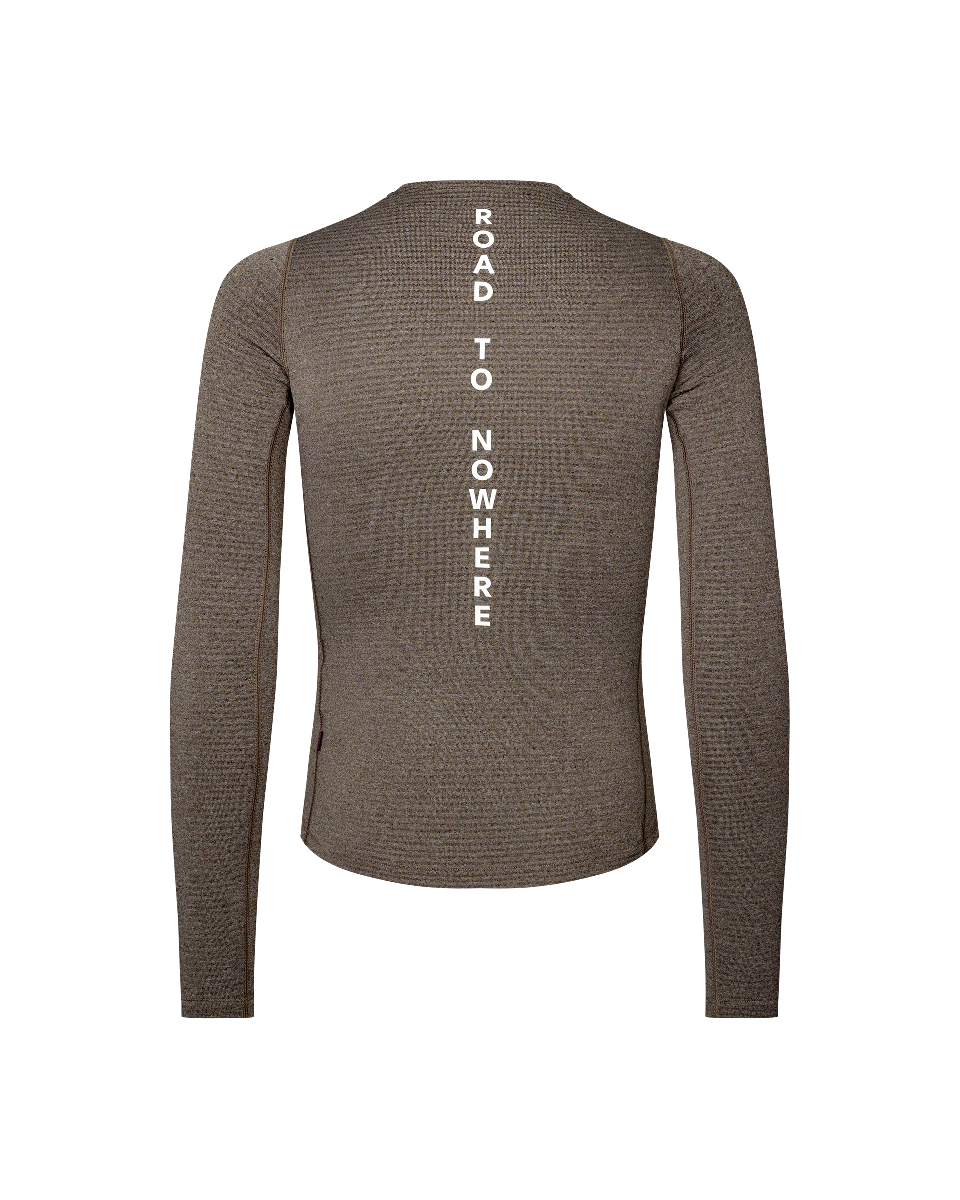Dark Coffee brown Thermal Long Sleeve cycling baselayer, rear flat lay with vertical Road To Nowhere back print