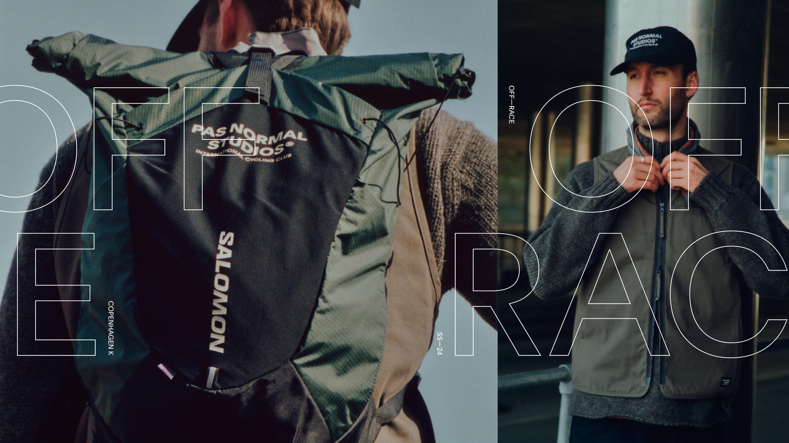 Models wearing Off-Race collection green and black technical apparel including backpack and zip jacket