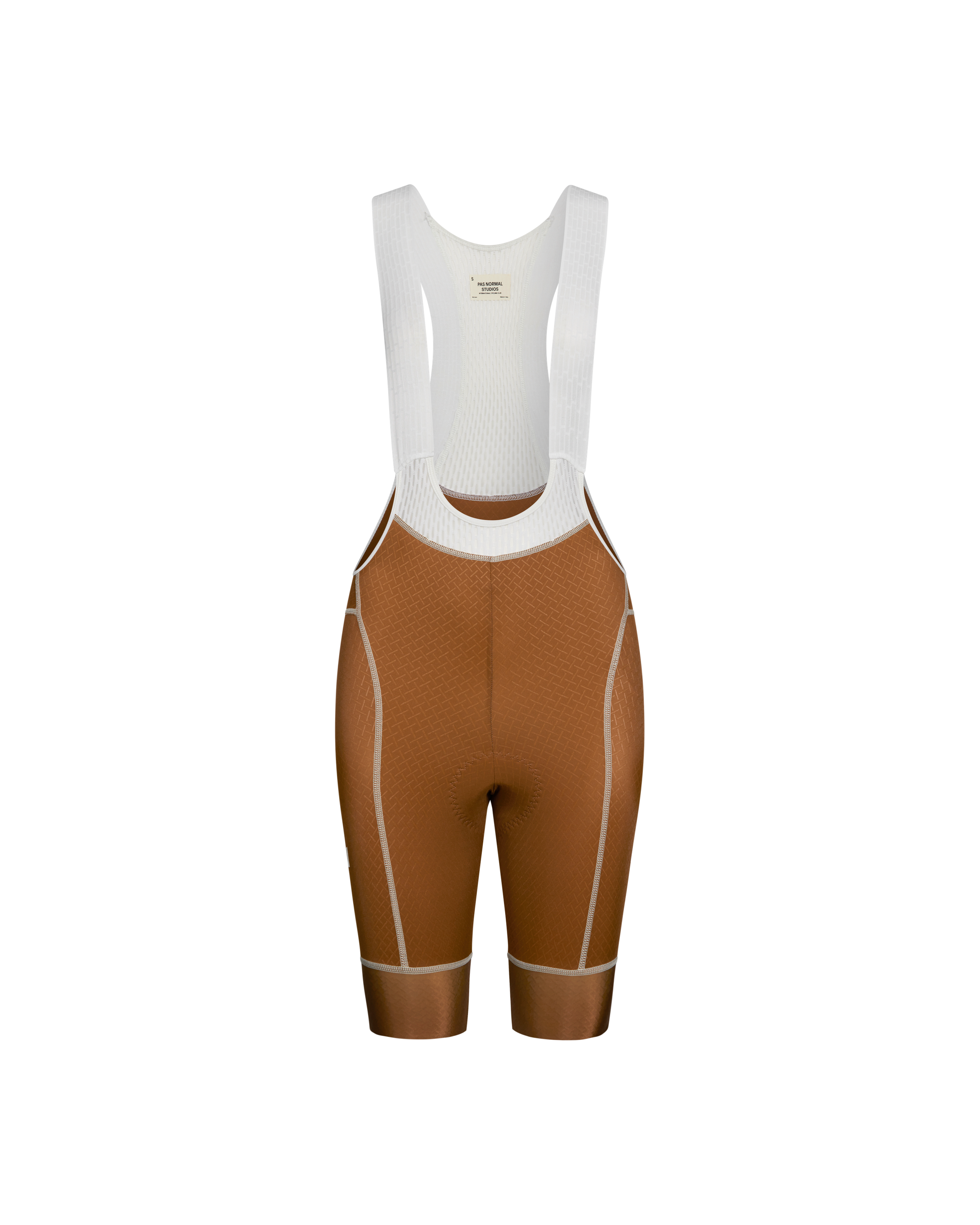 Brown Mechanism cycling bibs, front flat lay with white mesh bib straps