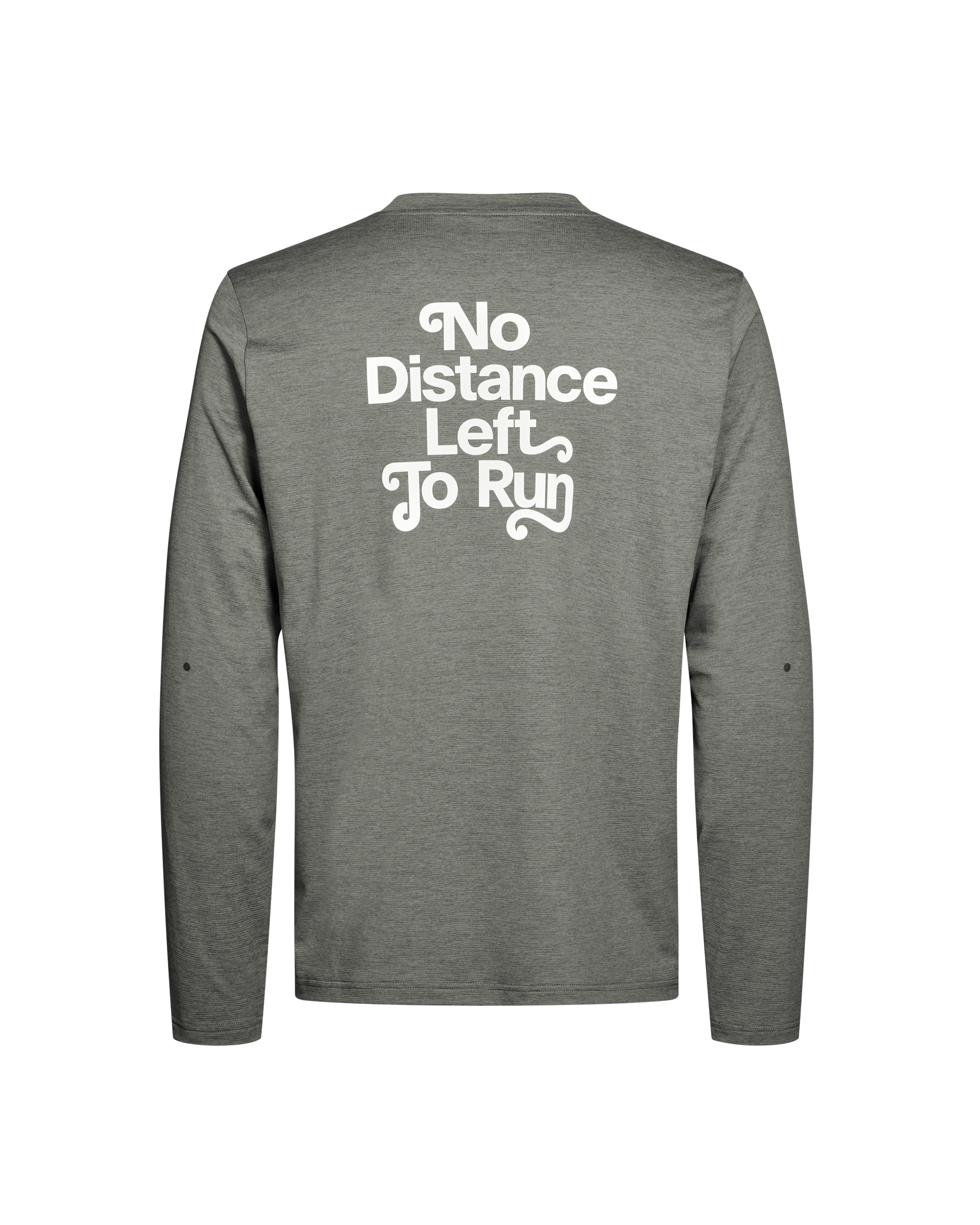 Grey Balance long sleeve t-shirt, rear view with white No Distance Left To Run text print