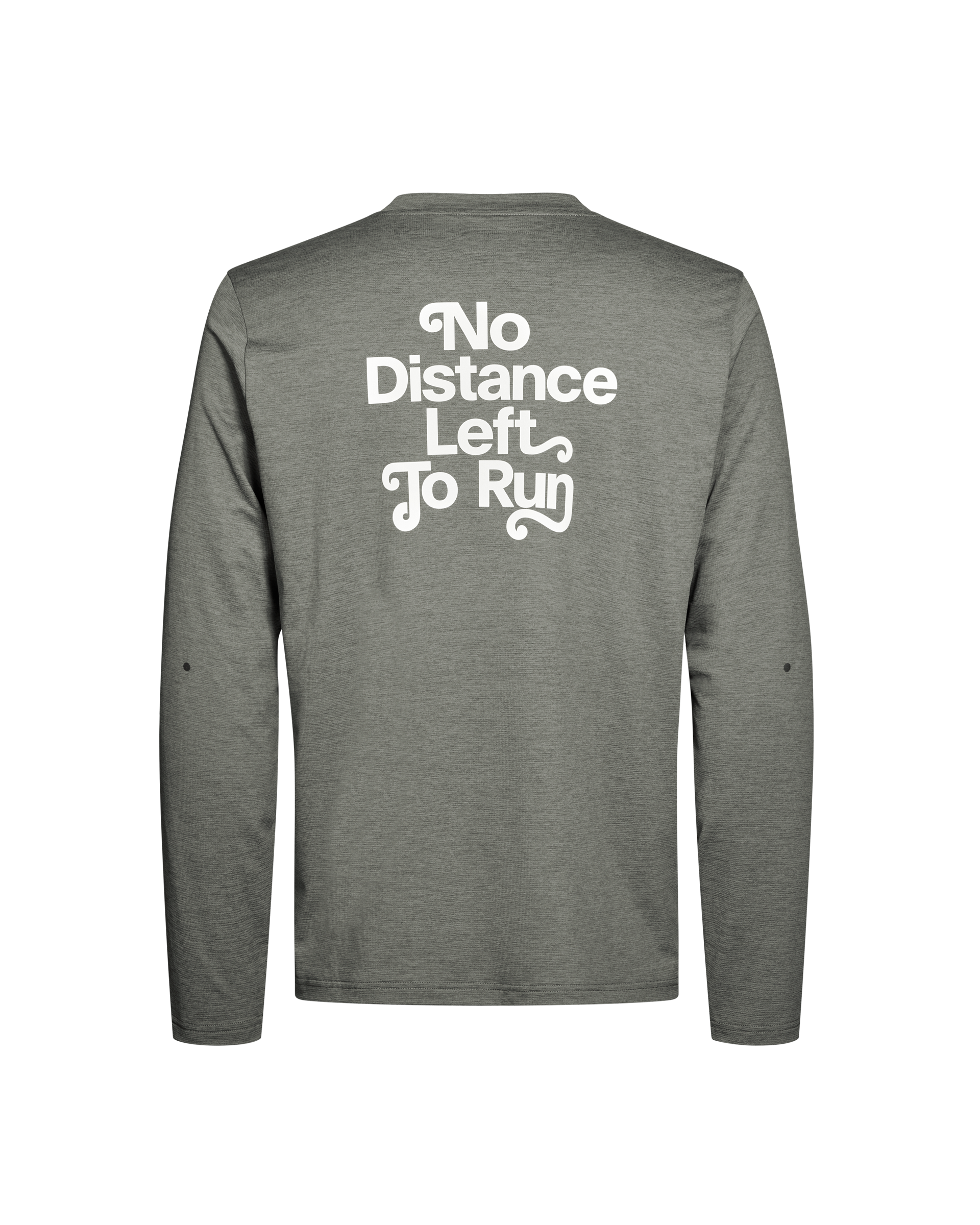 Grey Balance long sleeve t-shirt, rear view with white No Distance Left To Run text print