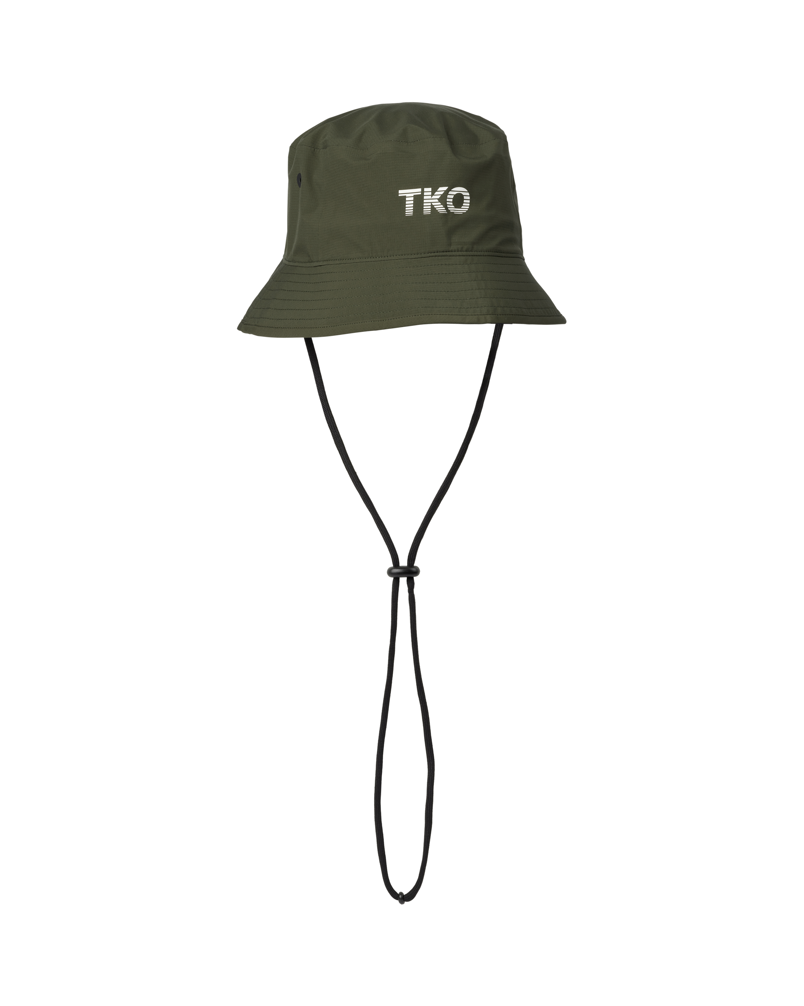 Olive T.K.O. Off-Race Shield bucket hat, front view with chin cord and white TKO chest print