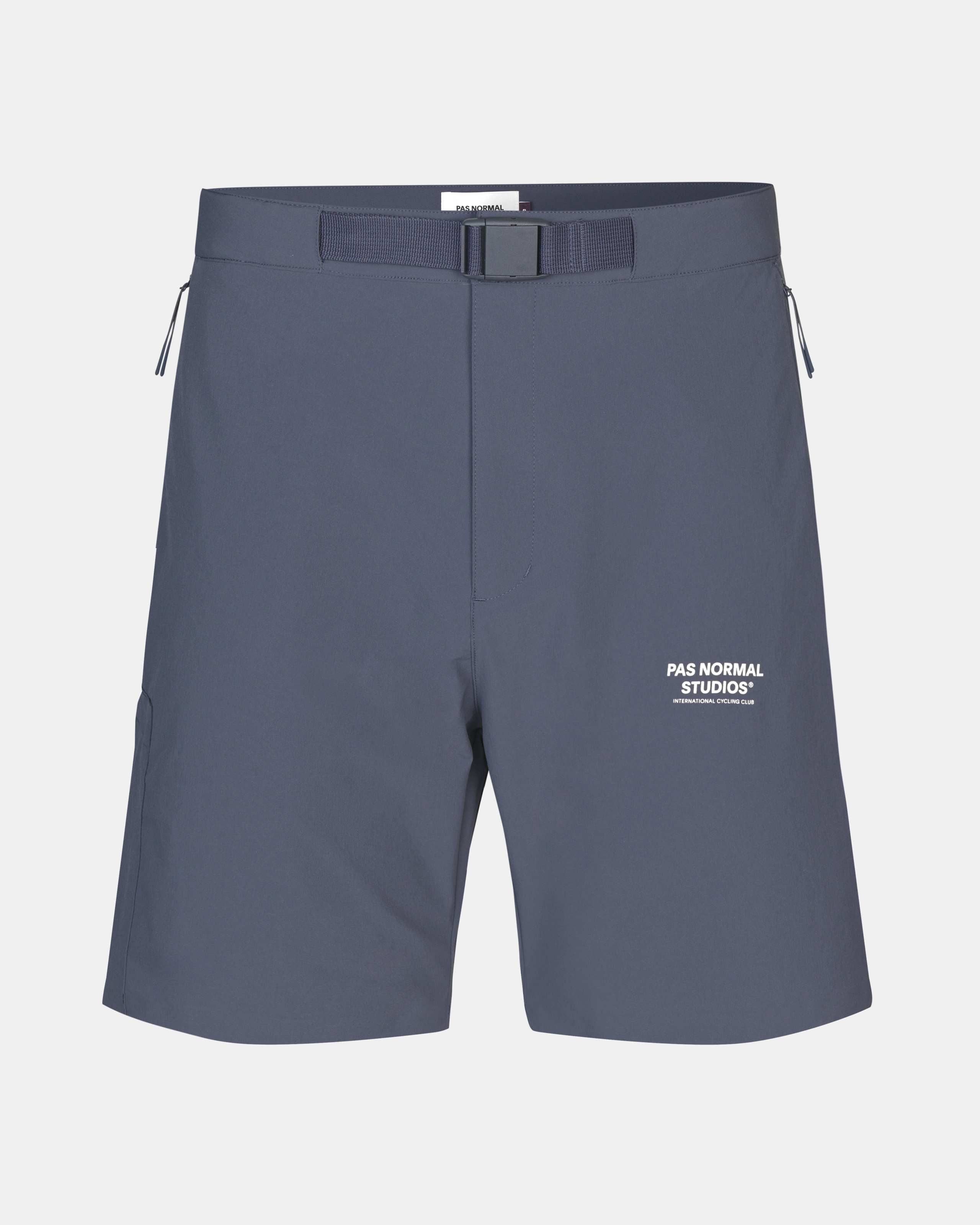 Blue Off-Race shorts, front flat lay with buckle belt and white logo print