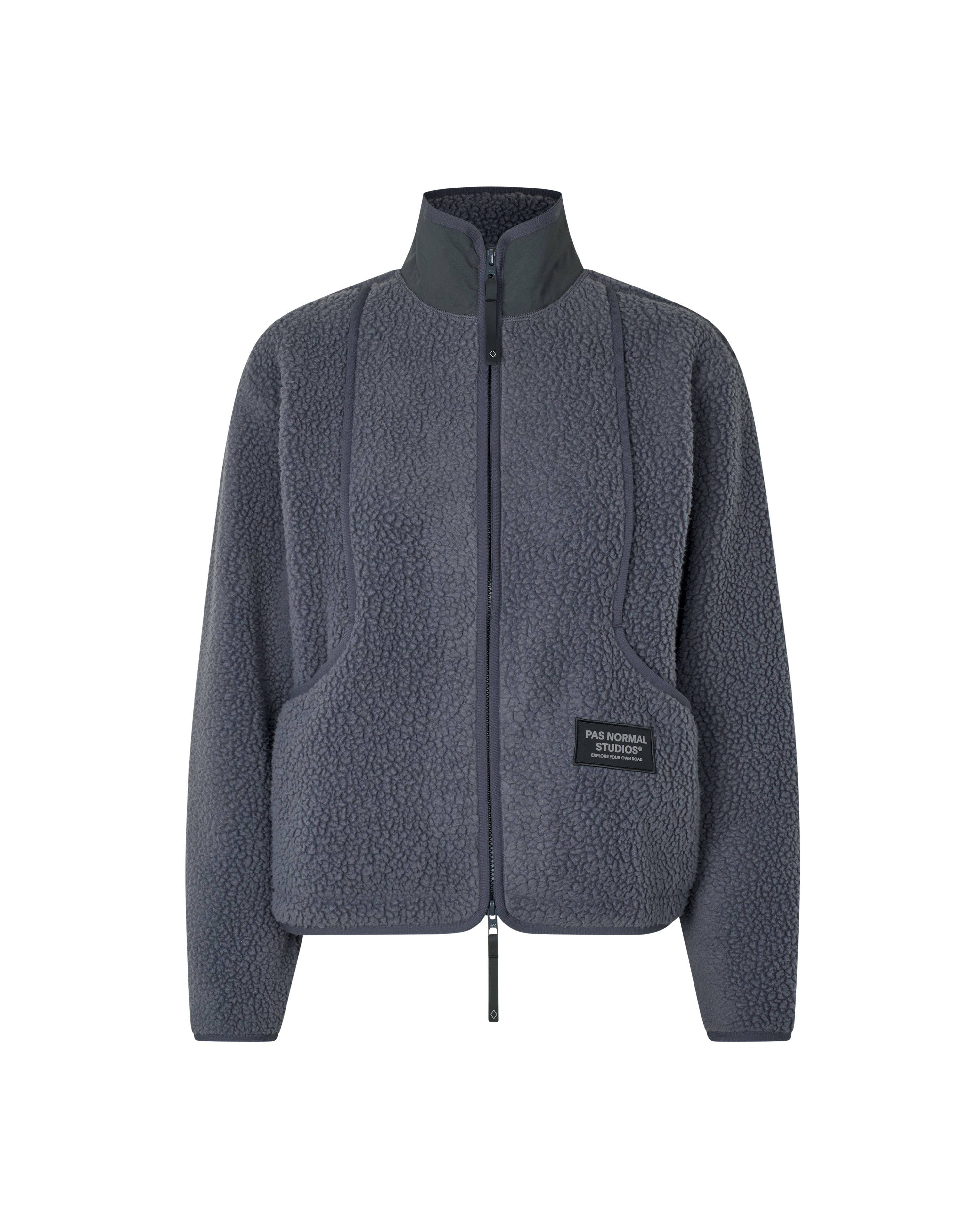 Grey Off-Race Pile Fleece jacket, front flat lay with textured fleece and contrast collar
