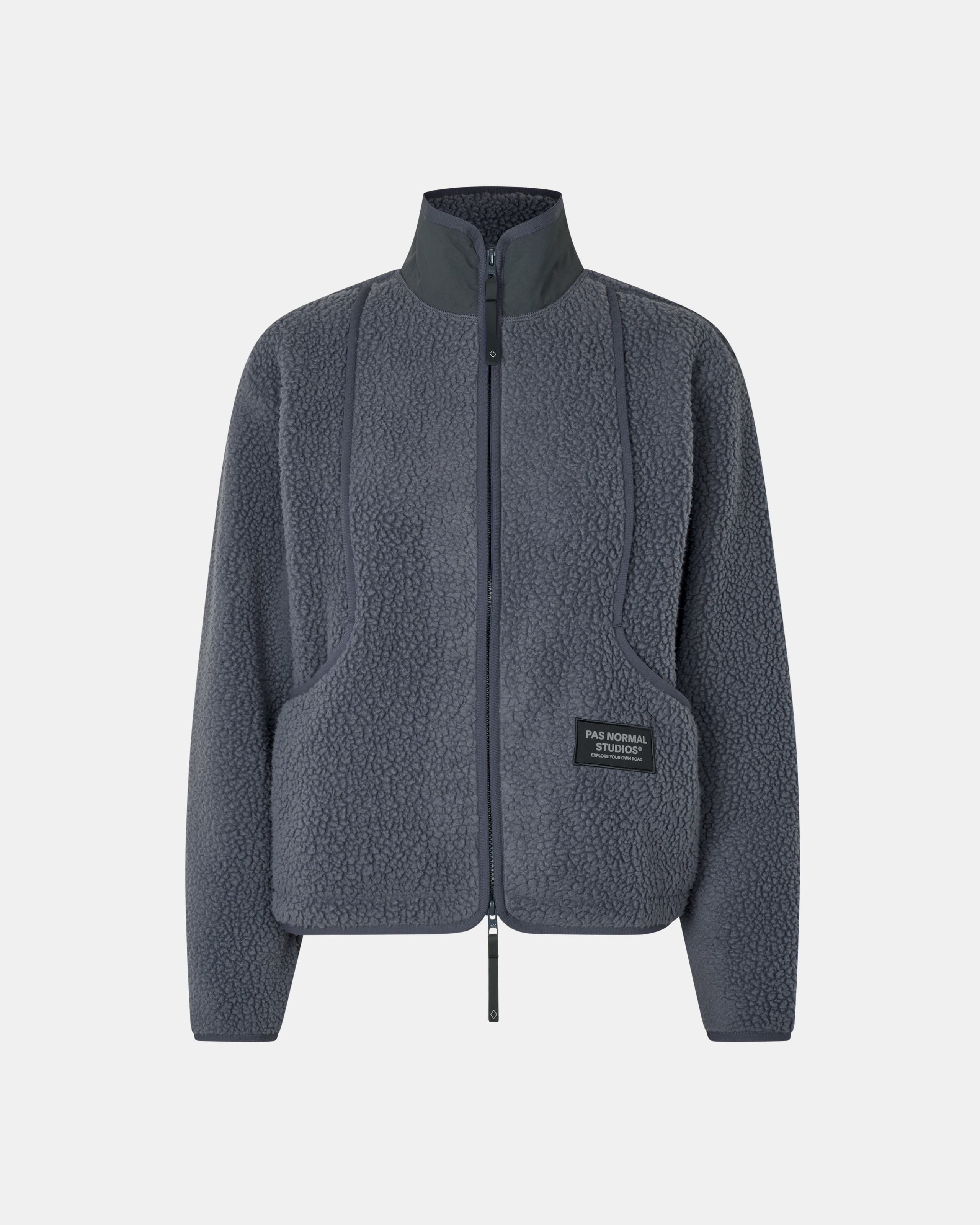 Grey Off-Race Pile Fleece jacket, front flat lay with textured fleece and contrast collar