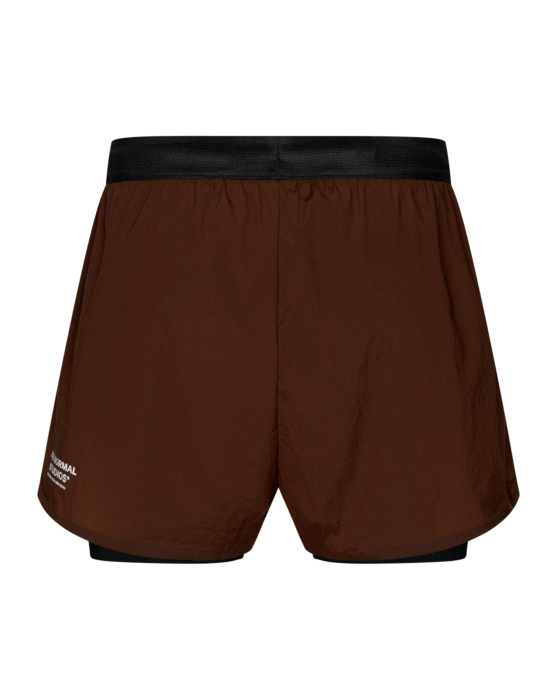 Maroon Brown Balance 2-in-1 shorts, front flat lay with black waistband and black inner layer