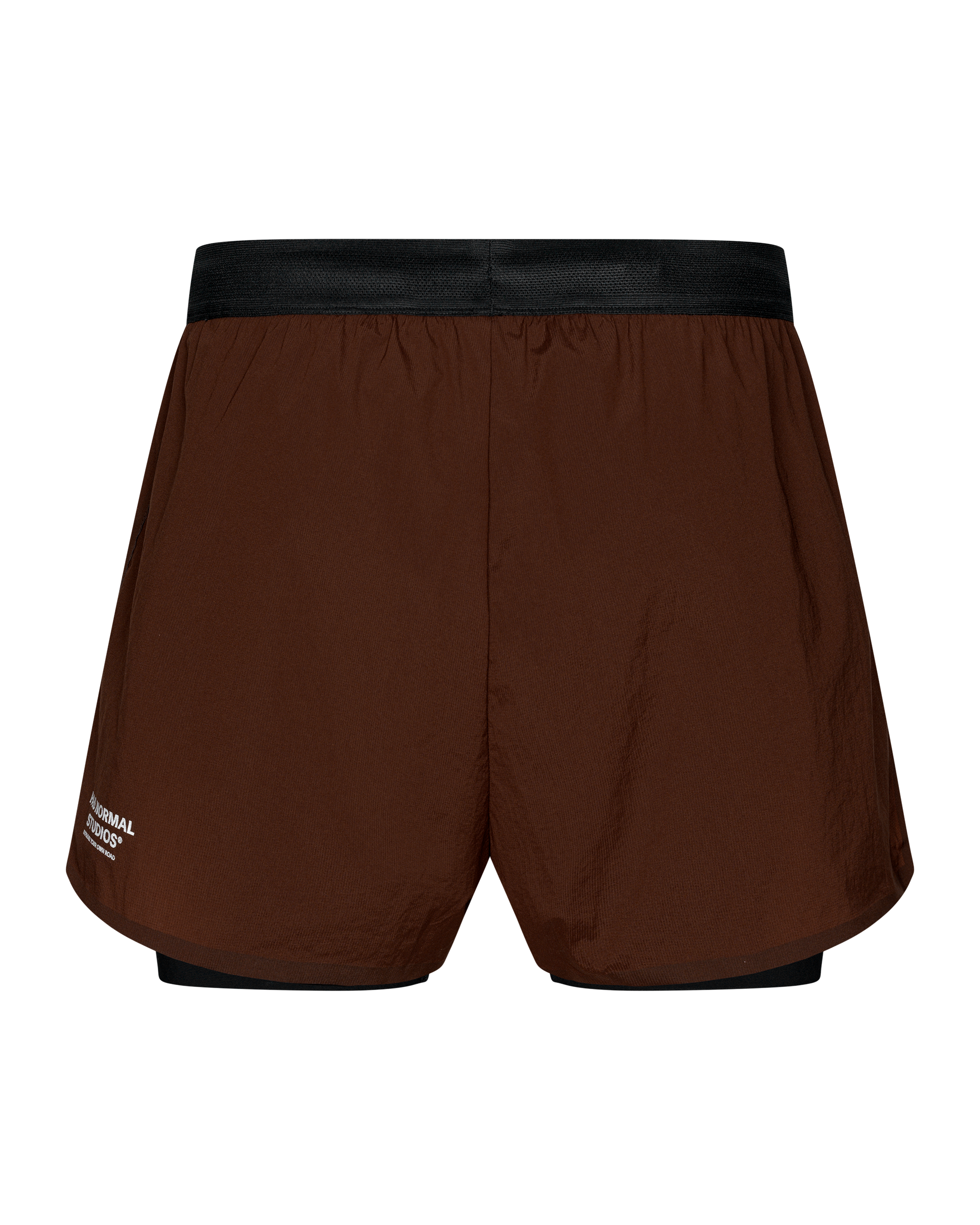 Maroon Brown Balance 2-in-1 shorts, front flat lay with black waistband and black inner layer