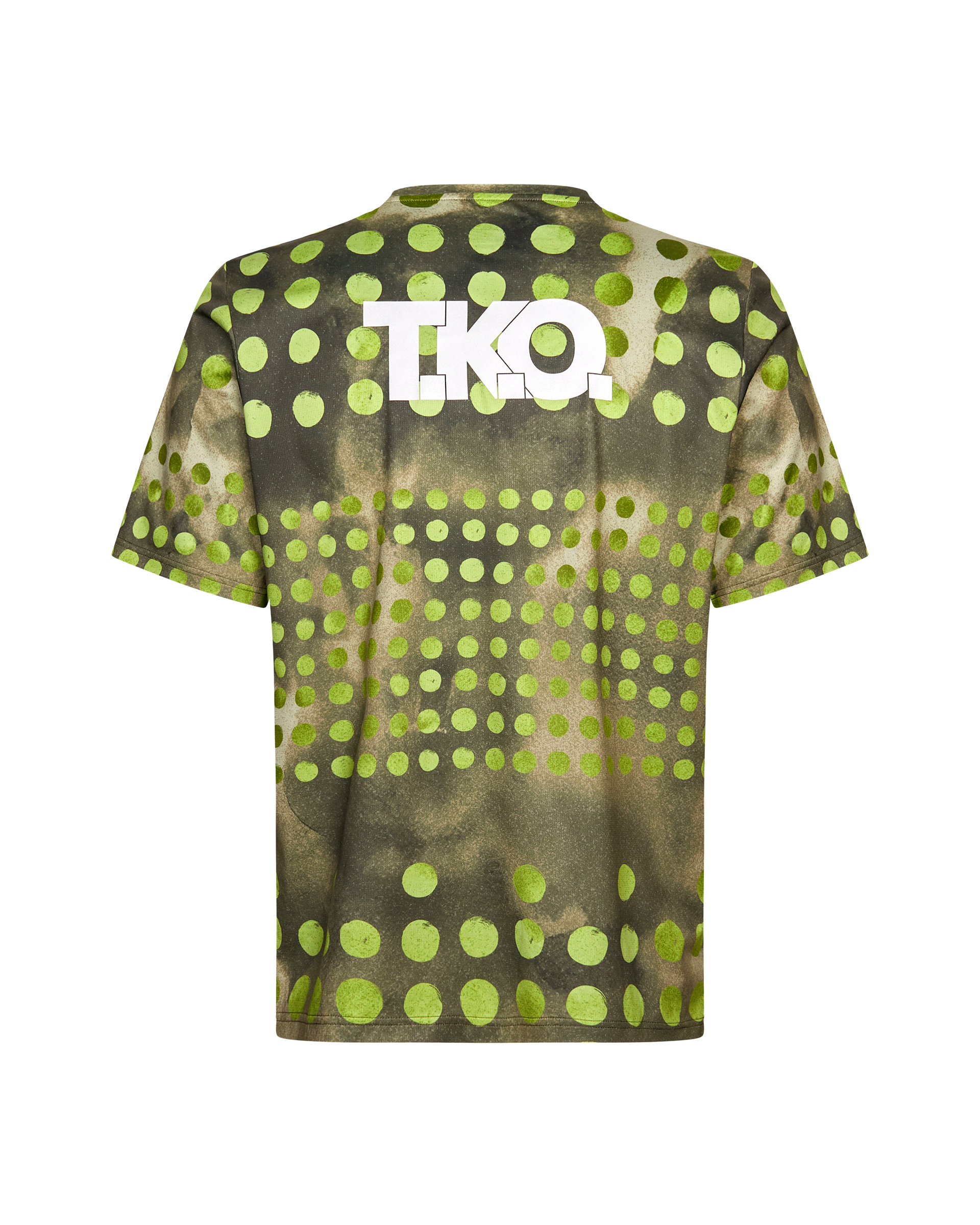 Green T.K.O. Balance t-shirt, rear view with white logo and lime green polka dot pattern