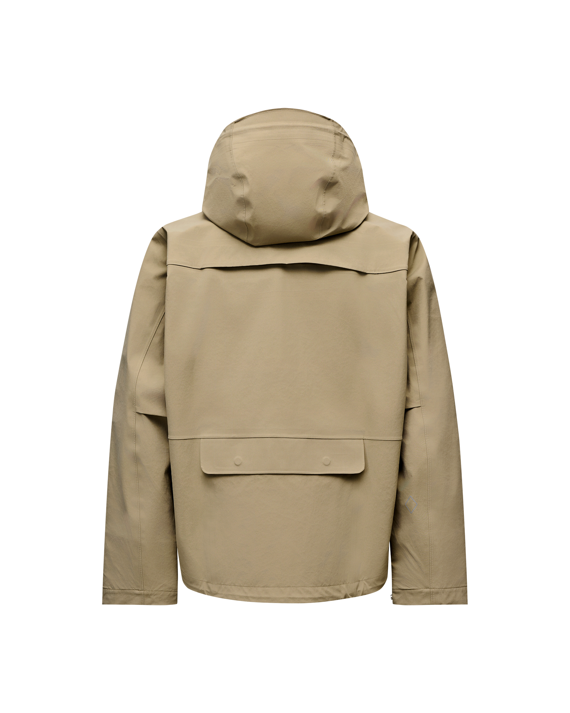 Dusty Earth khaki Off-Race 3L Shell jacket, rear flat lay with storm hood and back pocket flap