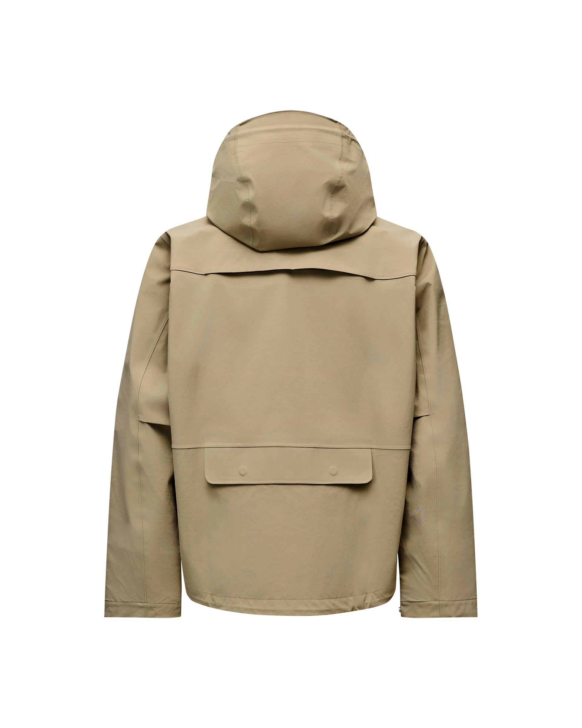 Dusty Earth khaki Off-Race 3L Shell jacket, rear flat lay with storm hood and back pocket flap