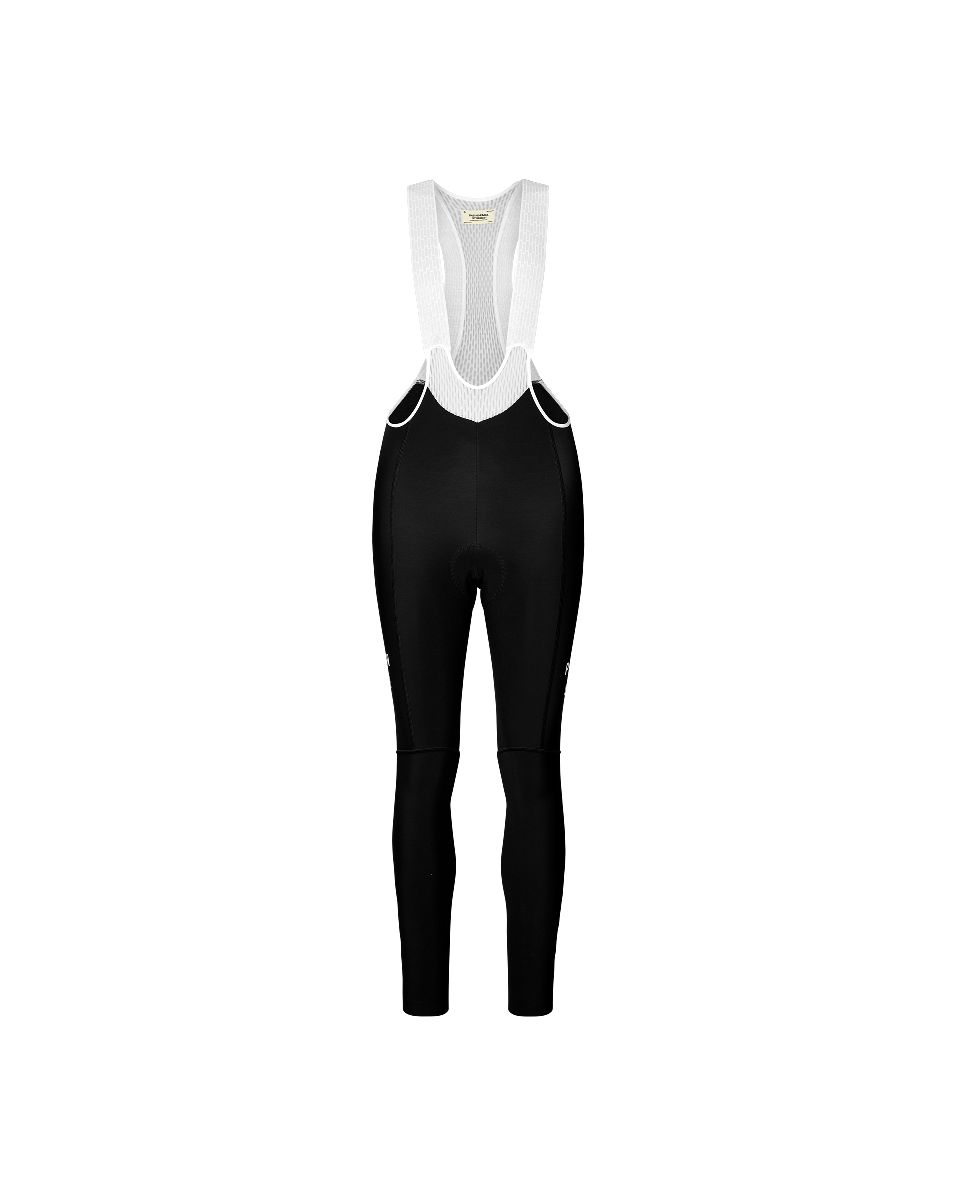 Black Mechanism women's thermal cycling bib tights, front flat lay with white mesh bib straps