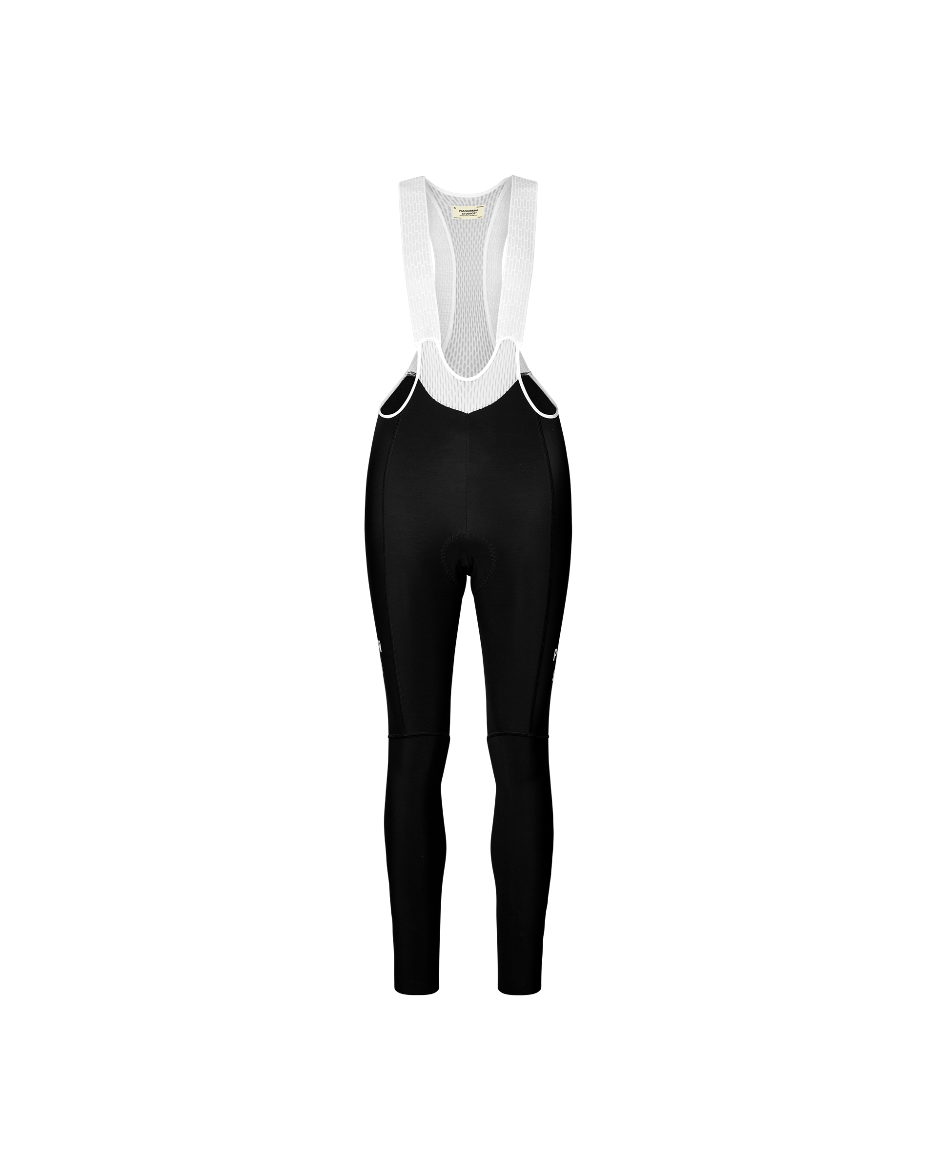 Black Mechanism women's thermal cycling bib tights, front flat lay with white mesh bib straps