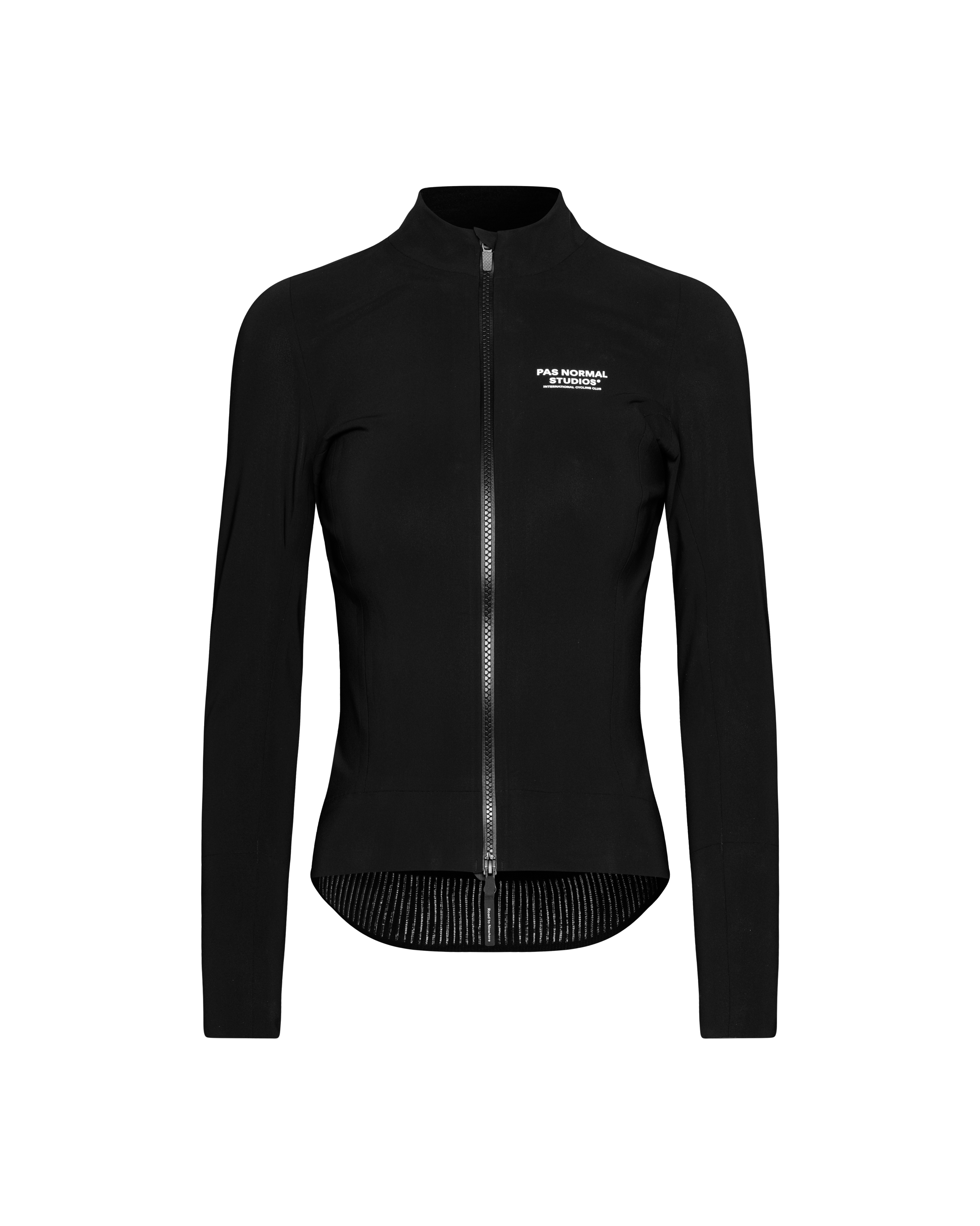 Black Mechanism Thermal women's cycling jacket, front flat lay with full zip and white chest logo