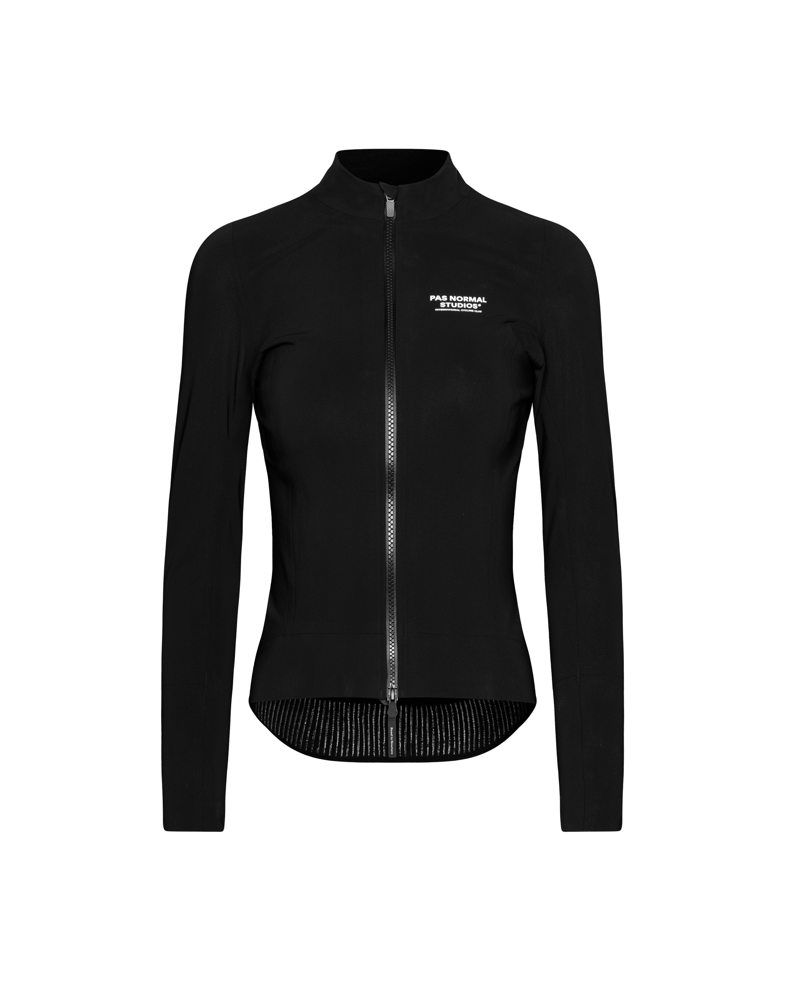 Black Mechanism Thermal women's cycling jacket, front flat lay with full zip and white chest logo