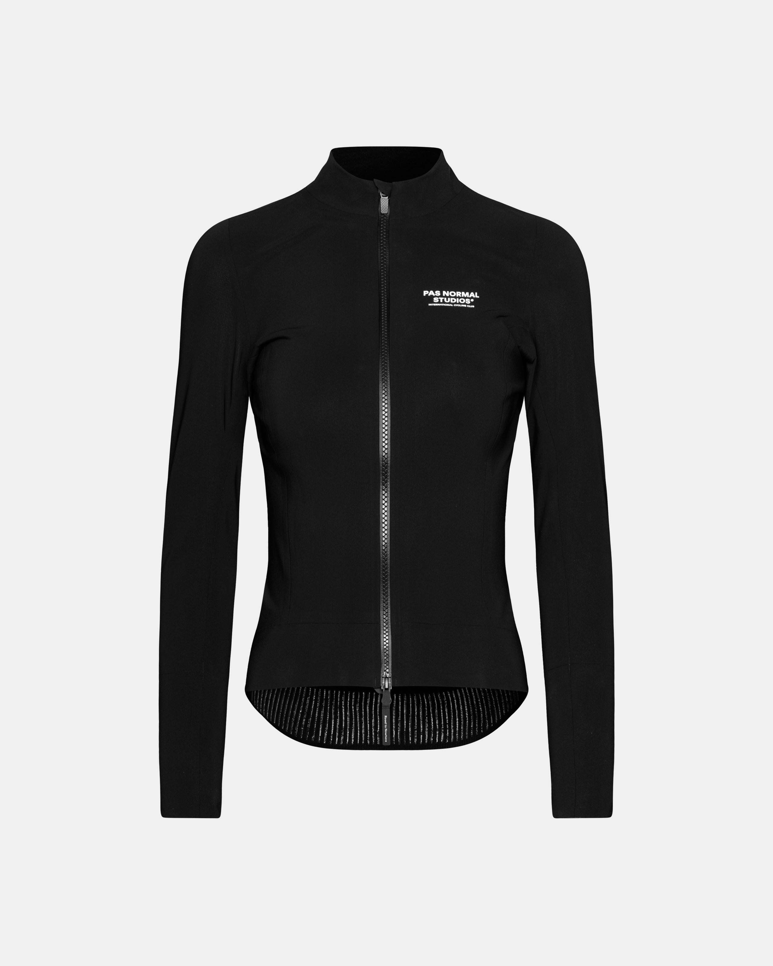 Black Mechanism Thermal women's cycling jacket, front flat lay with full zip and white chest logo