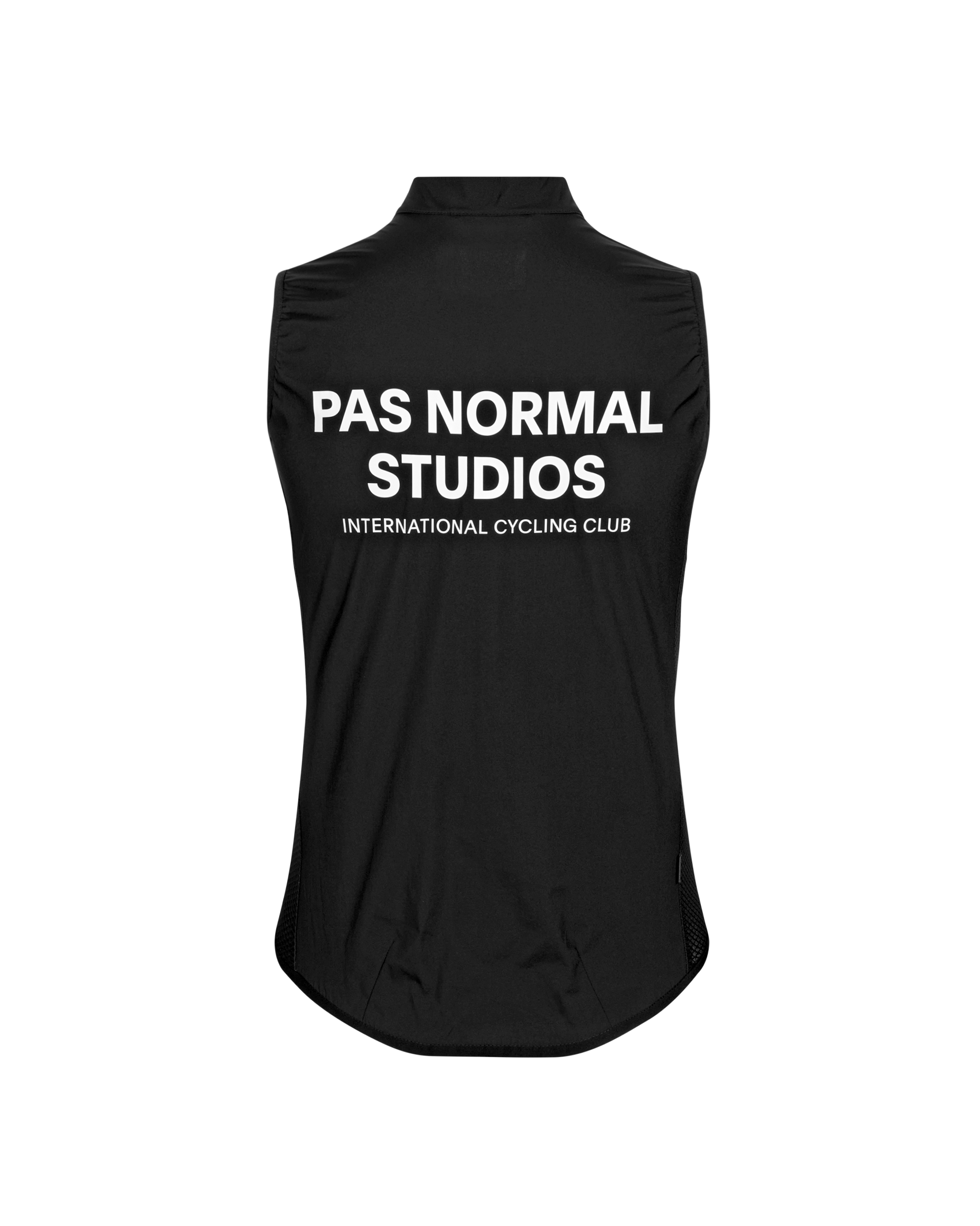 Black Mechanism Stow Away cycling gilet, rear view with white branded text and mesh side panels